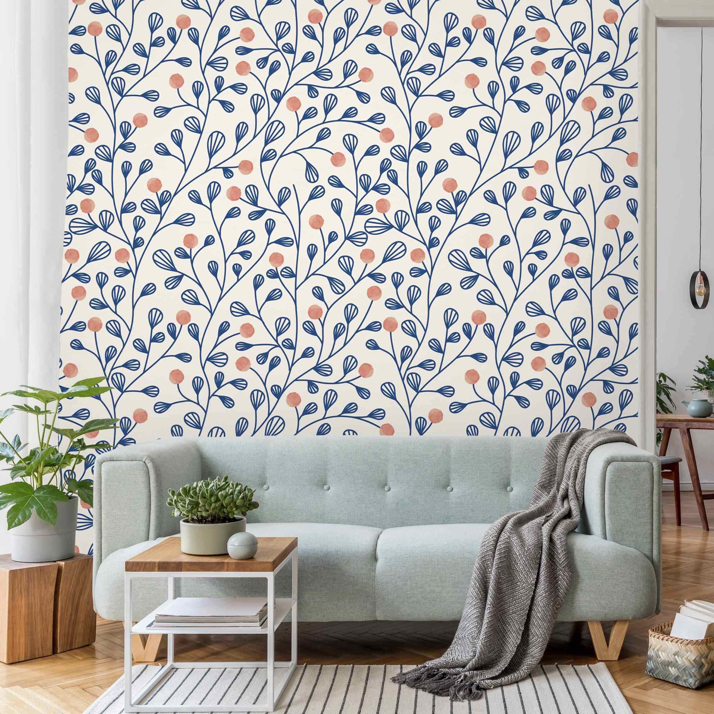 Fototapete Blaues Pflanzen Muster mit Punkten in Rosa