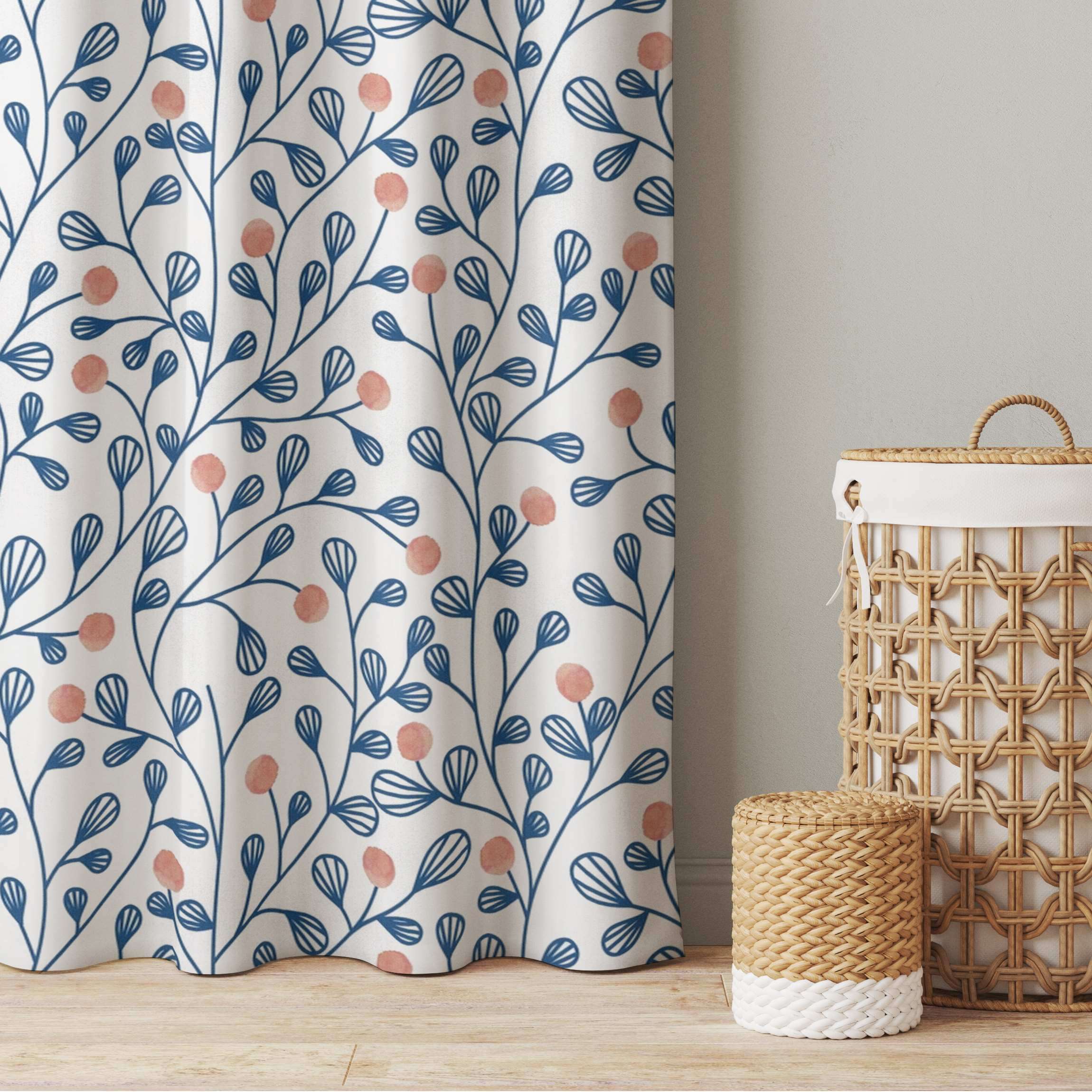 Vorhang Blaues Pflanzen Muster mit Punkten in Rosa