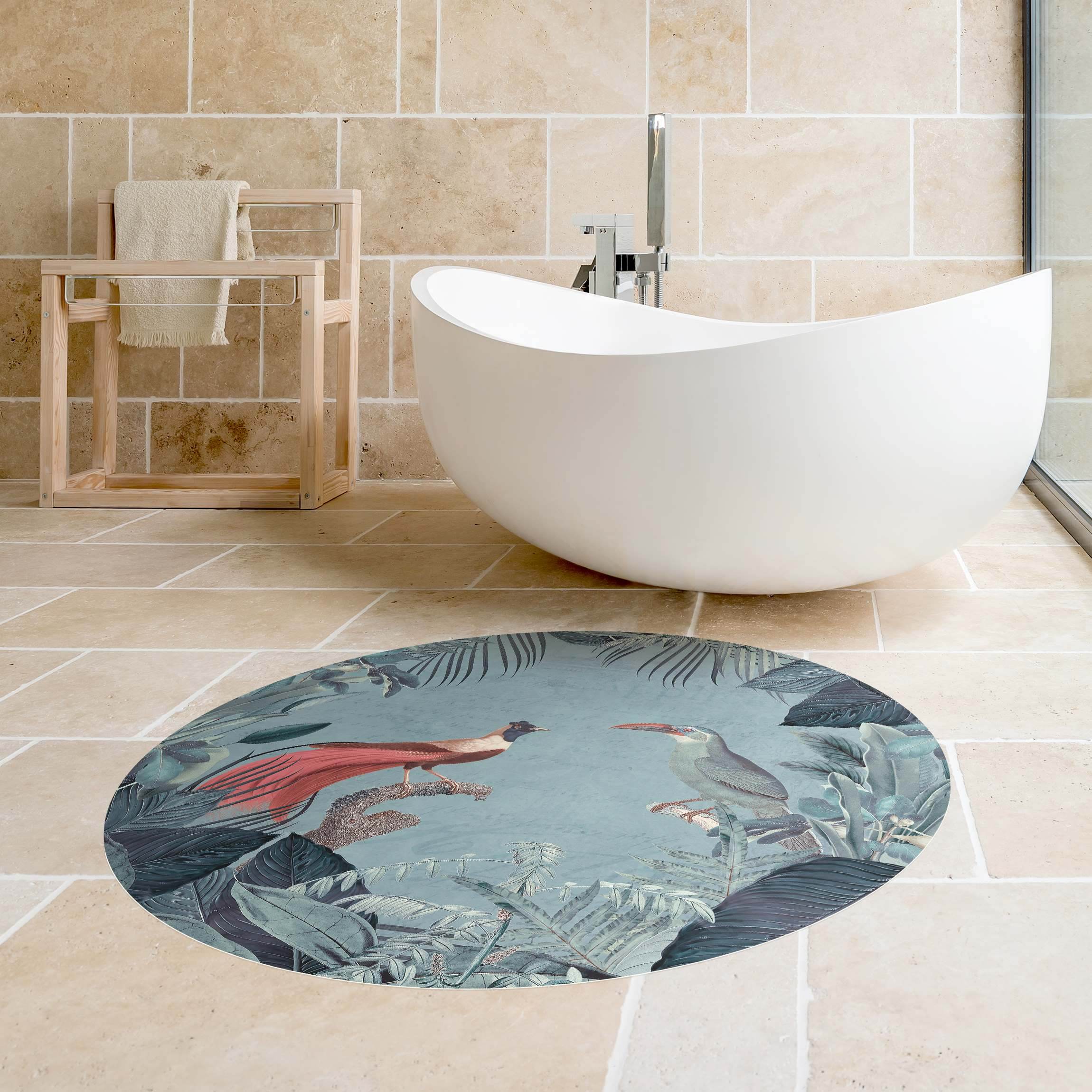 Runder Vinyl-Teppich Blaugraues Paradies mit tropischen Vögeln