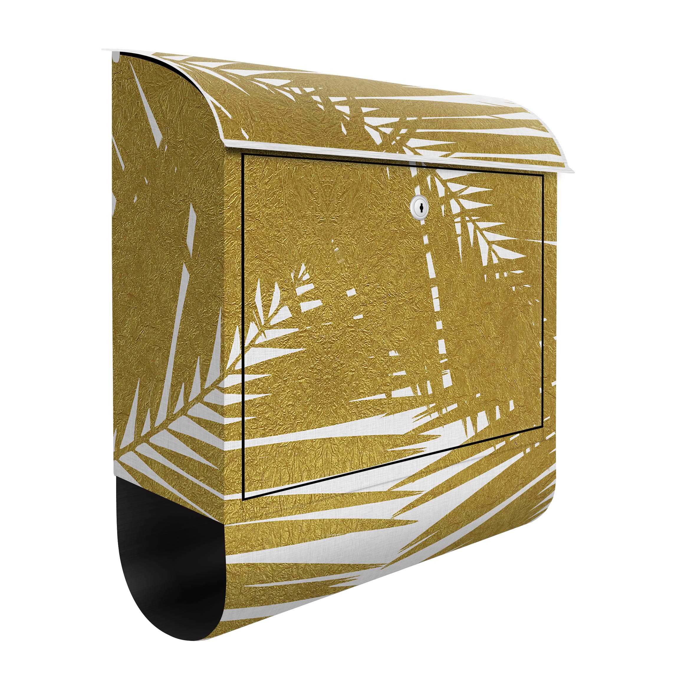 Briefkasten Blick durch goldene Palmenblätter