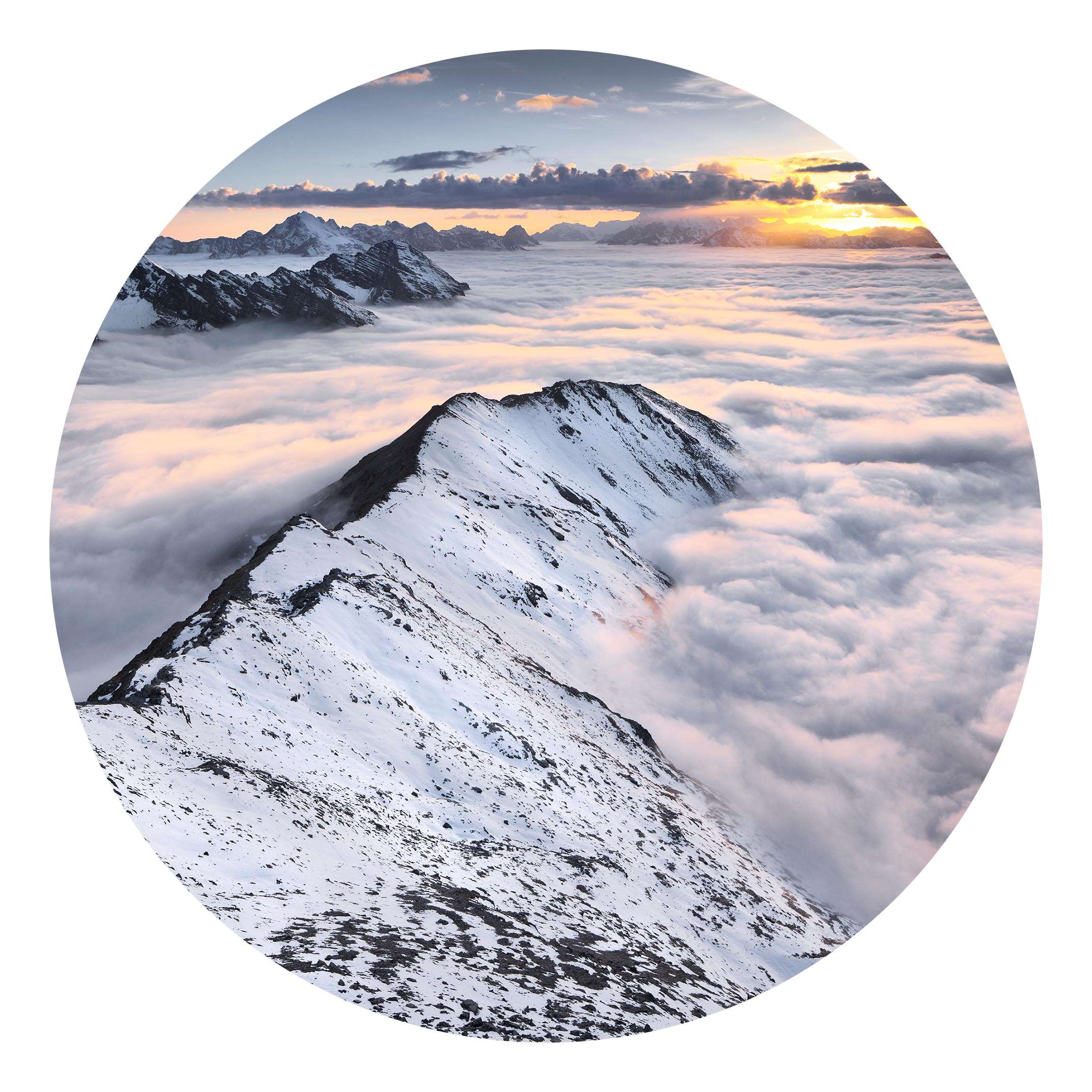 Runde Fototapete Blick über Wolken und Berge