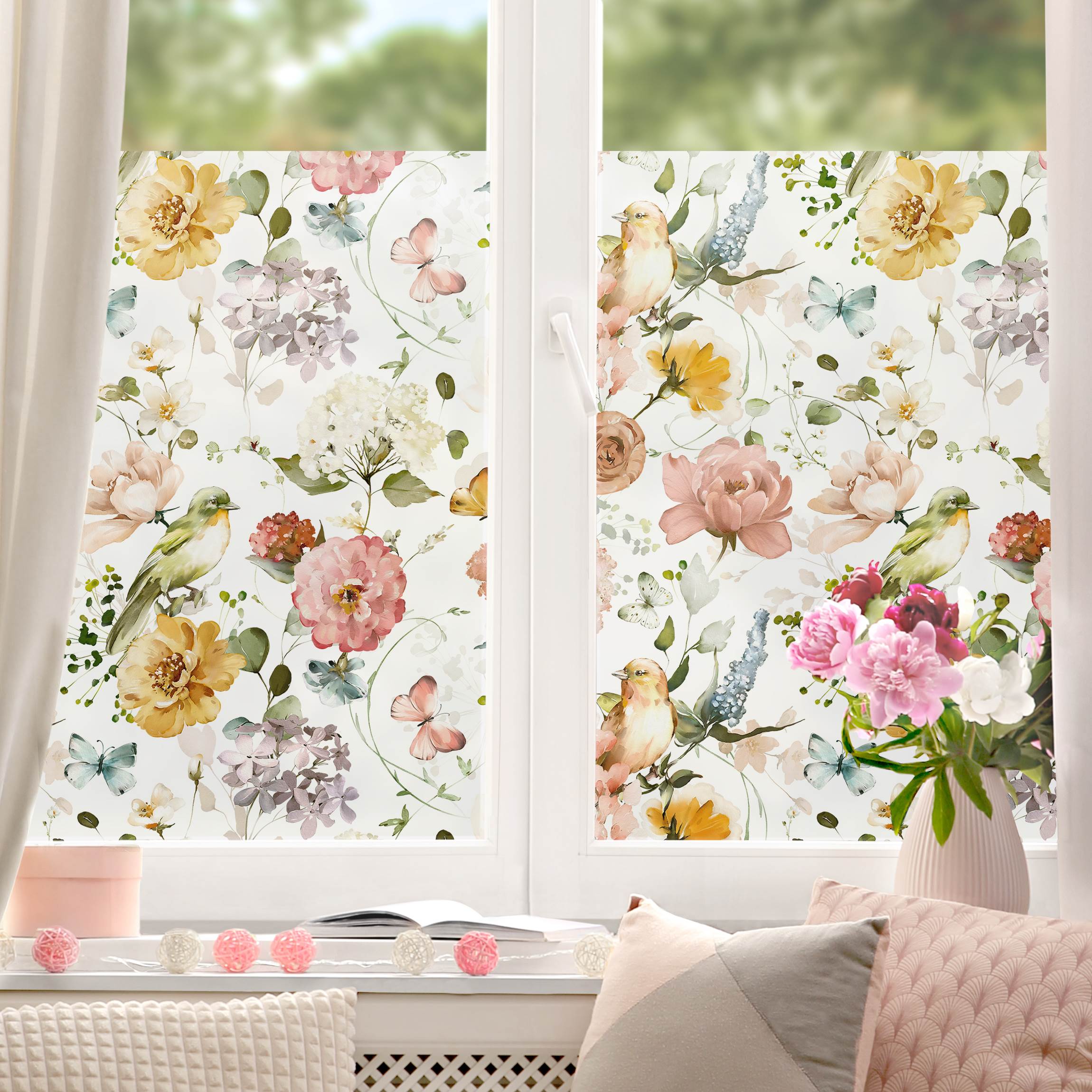Fensterfolie Blüten mit Vögel Pattern