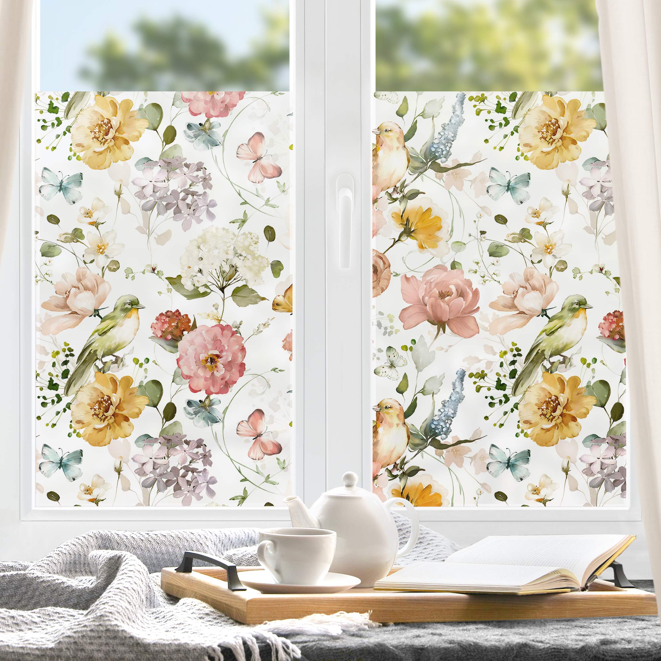 Fensterfolie Blüten mit Vögel Pattern