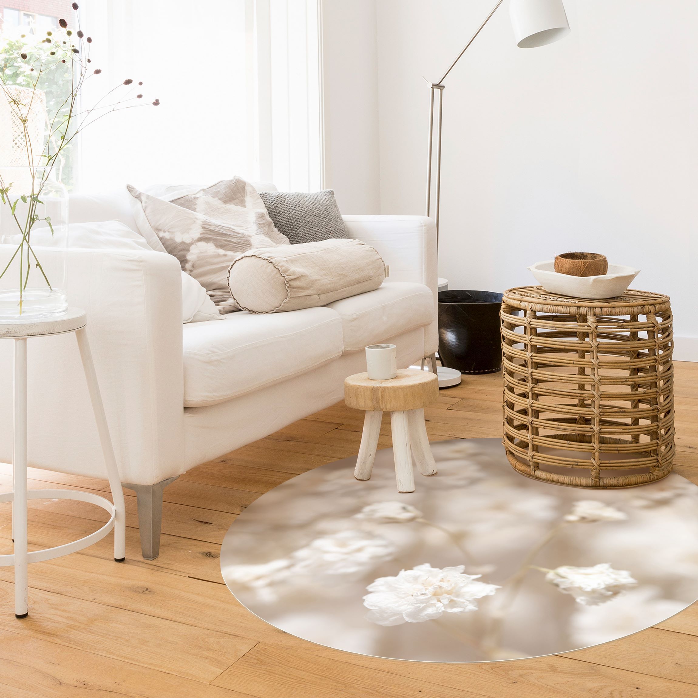 Runder Vinyl-Teppich Blütenträume in Creme