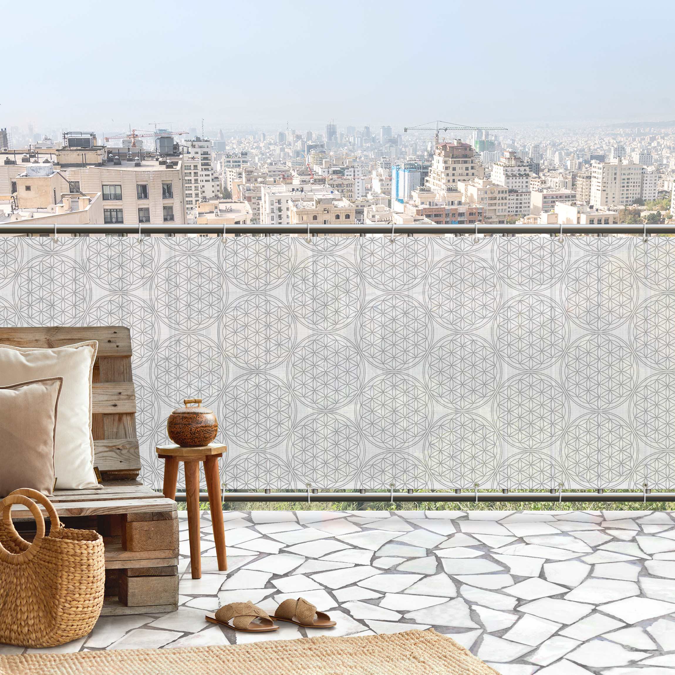 Balkon Sichtschutz Blume des Lebens Pattern silber