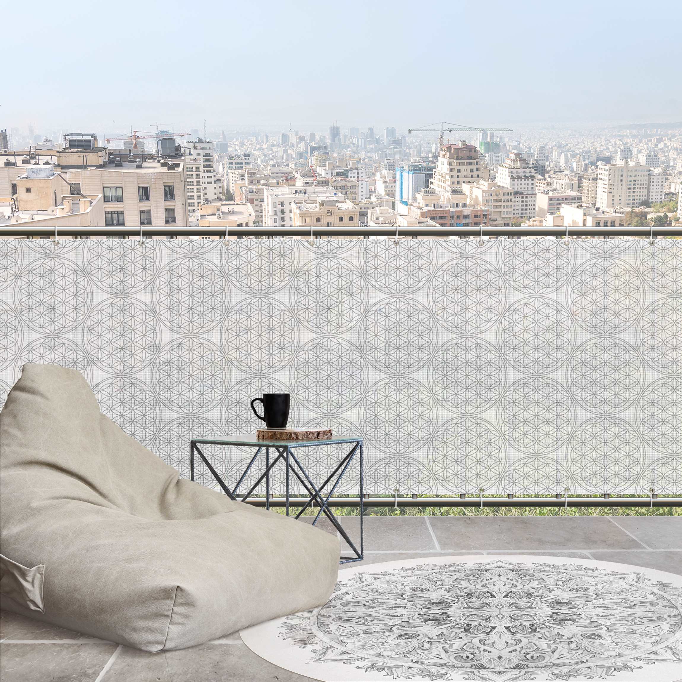 Balkon Sichtschutz Blume des Lebens Pattern silber