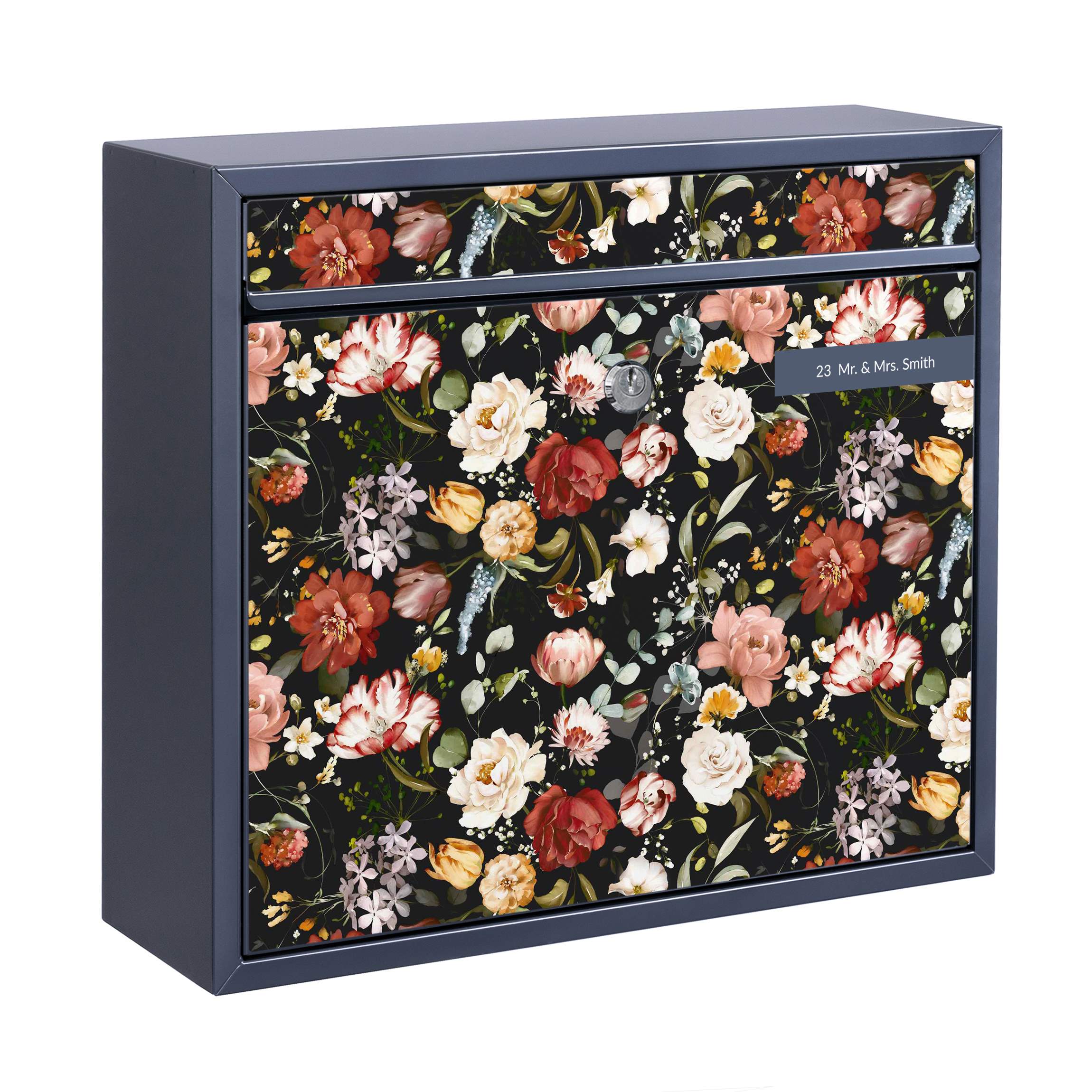 Briefkasten mit eigenem Text Blumen Aquarell Vintage Muster auf Schwarz