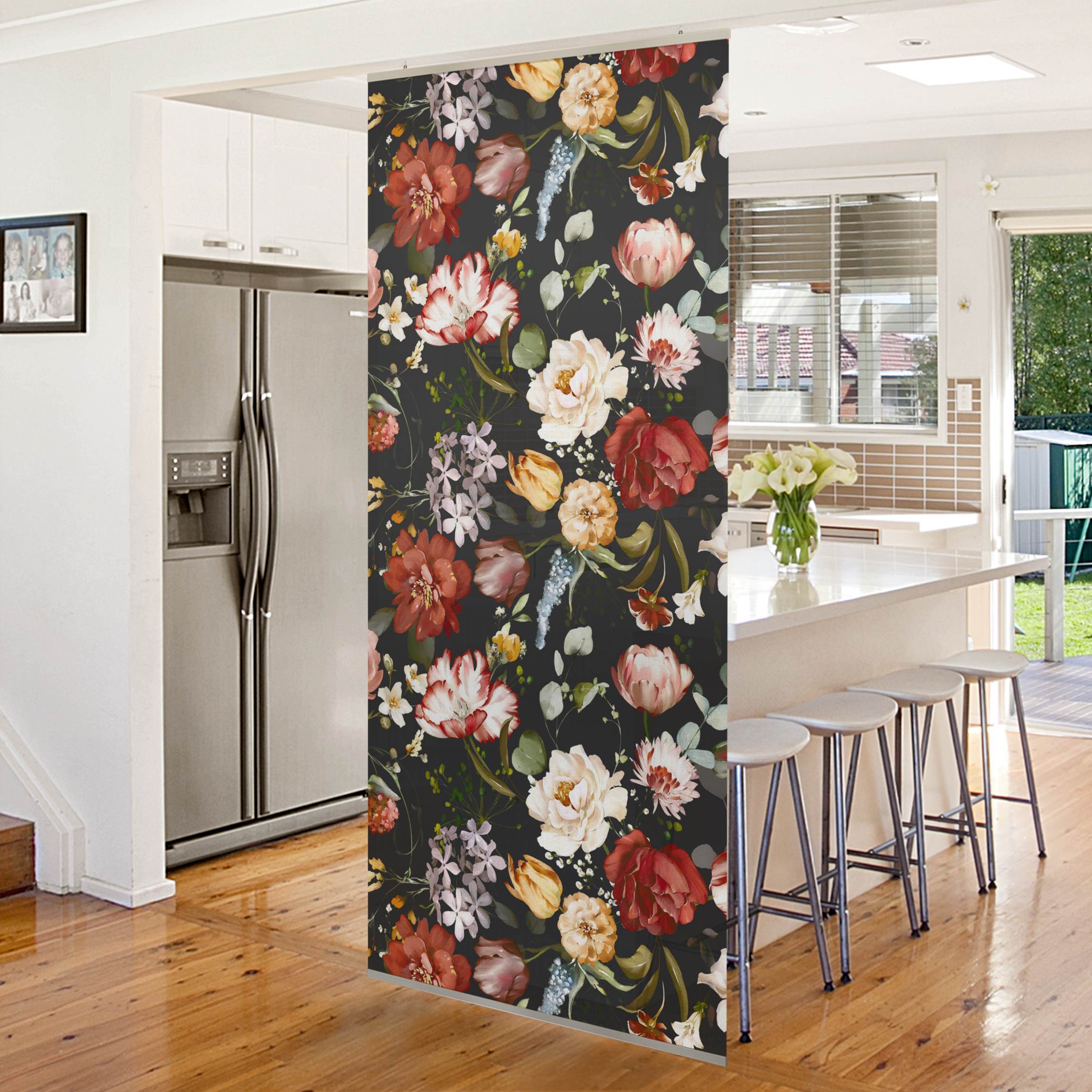 Raumteiler Blumen Aquarell Vintage Muster auf Schwarz