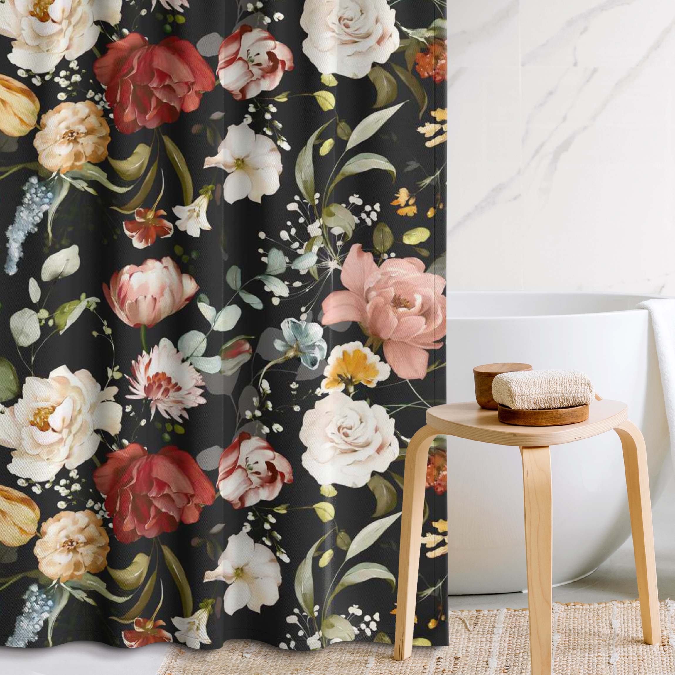 Duschvorhang Blumen Aquarell Vintage Muster auf Schwarz