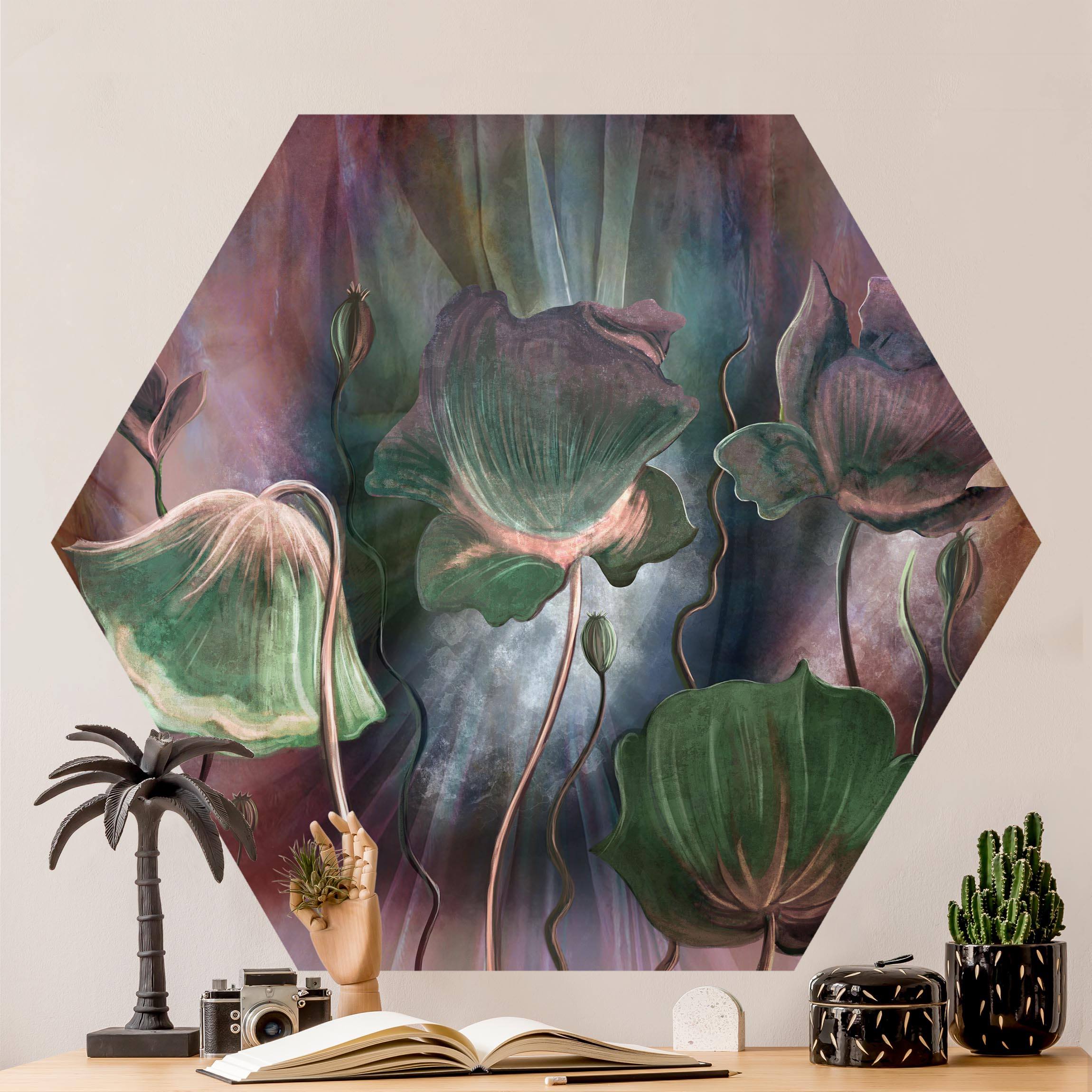 Hexagon Tapete selbstklebend Blumen in mystischen Farben