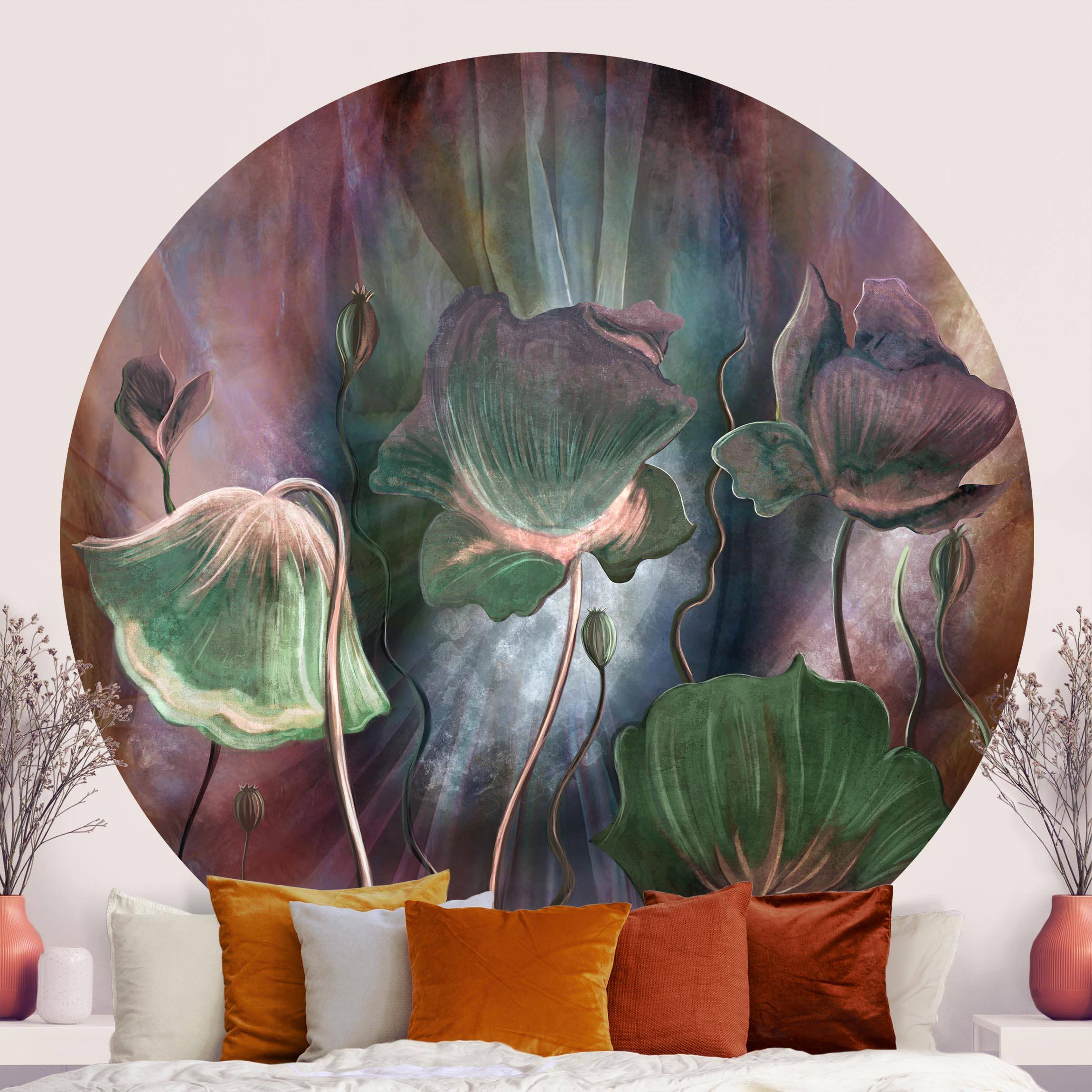 Runde Tapete selbstklebend Blumen in mystischen Farben