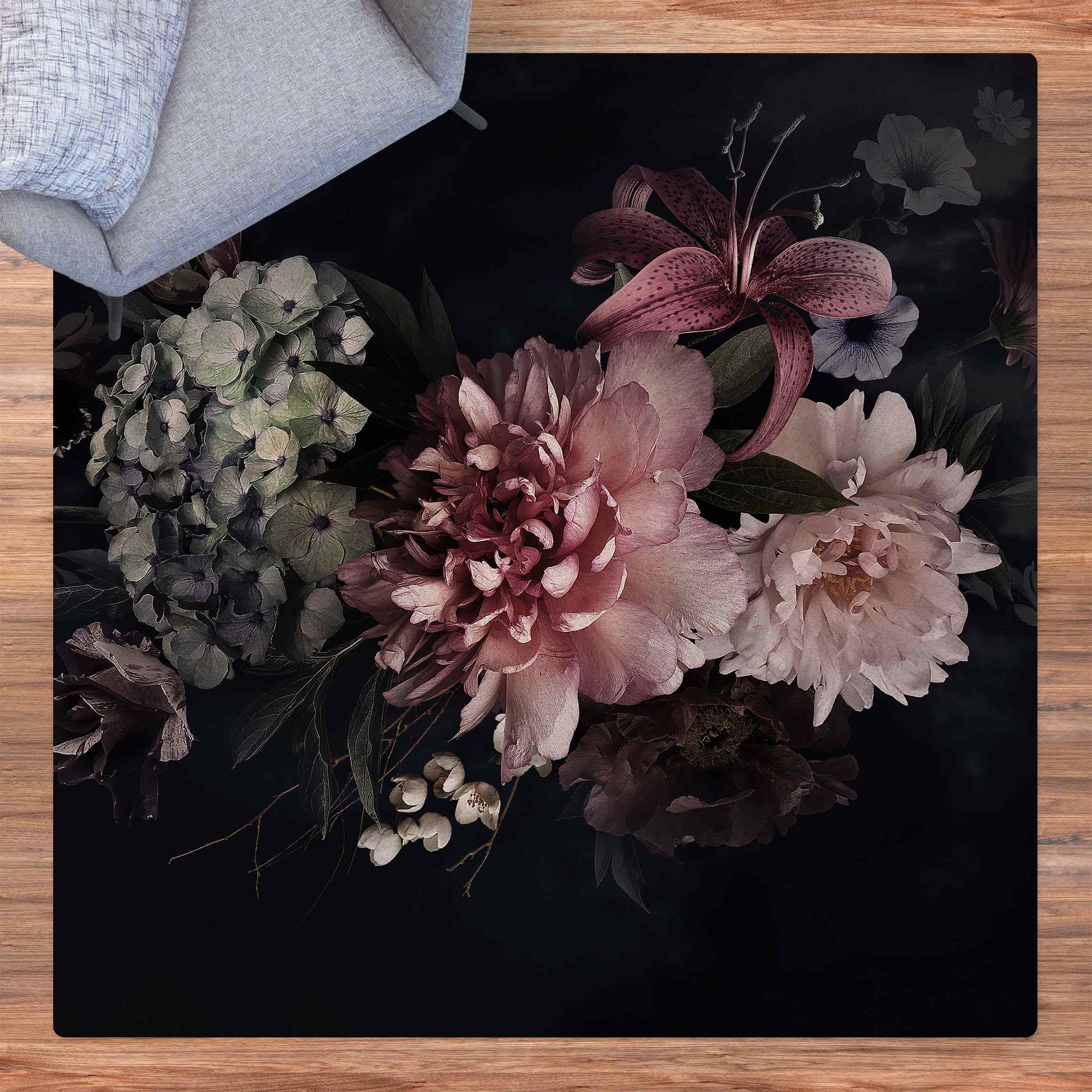 Kork-Teppich Blumen mit Nebel auf Schwarz