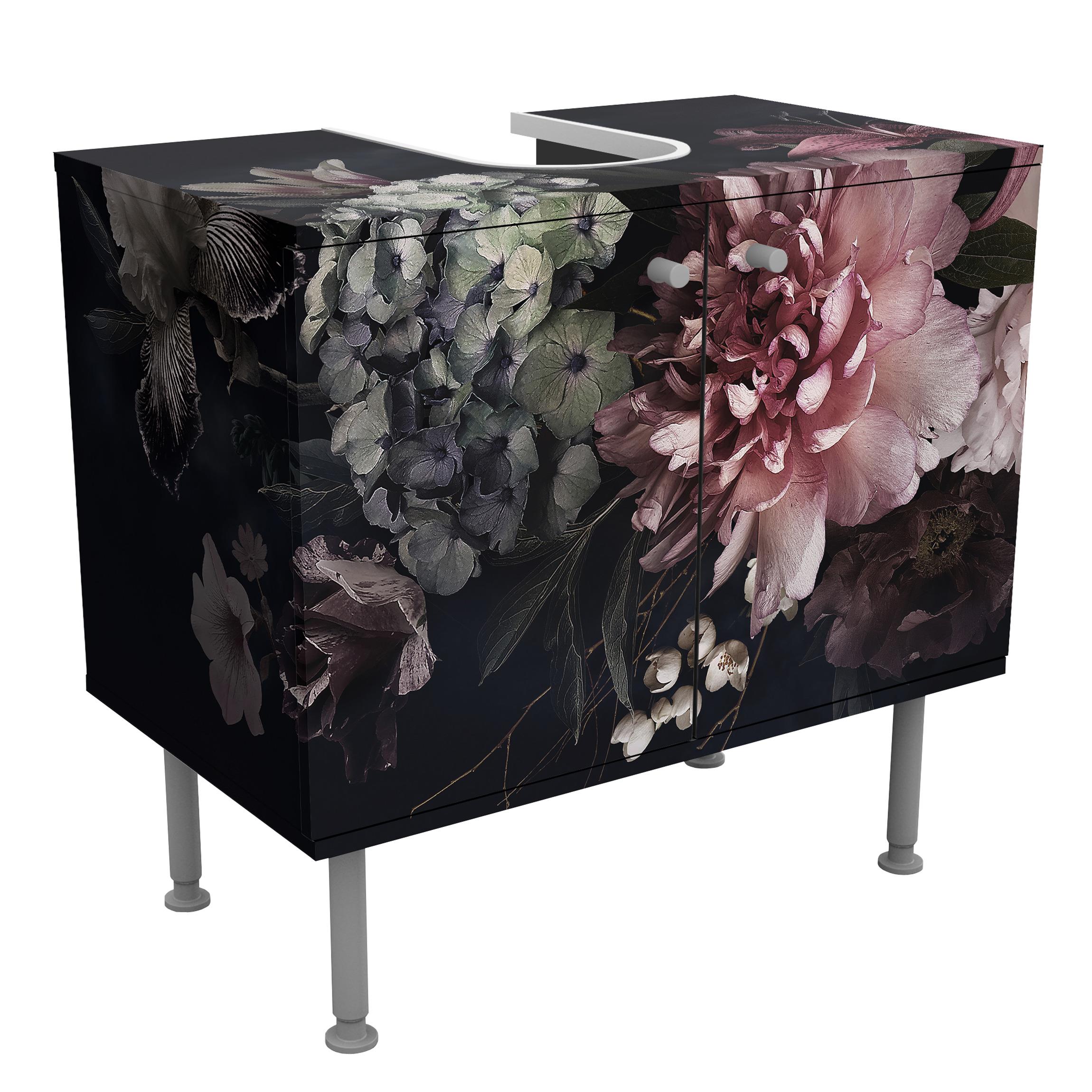 Waschbeckenunterschrank Blumen mit Nebel auf Schwarz