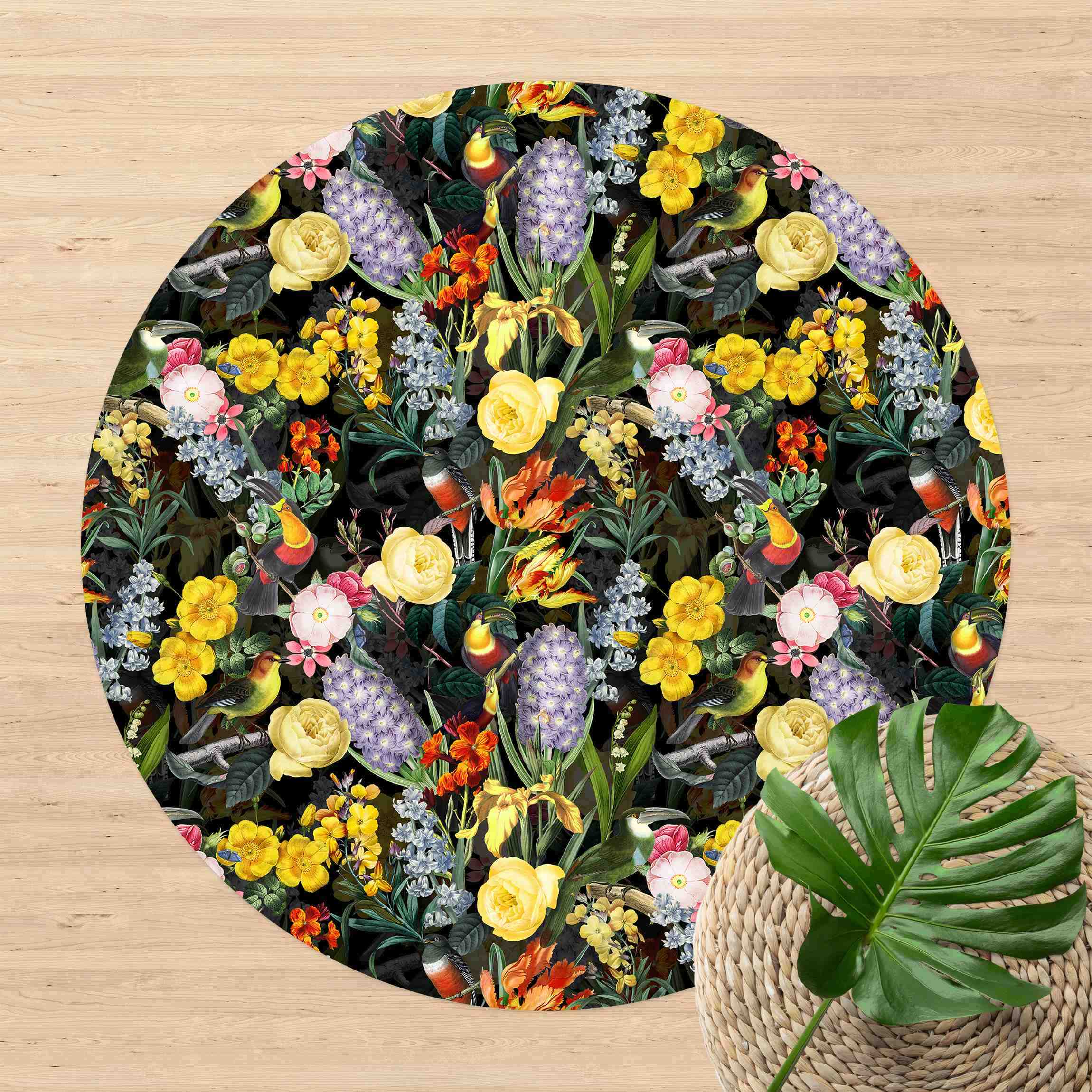Runder Vinyl-Teppich Blumen mit Tropischen Vögeln Bunt