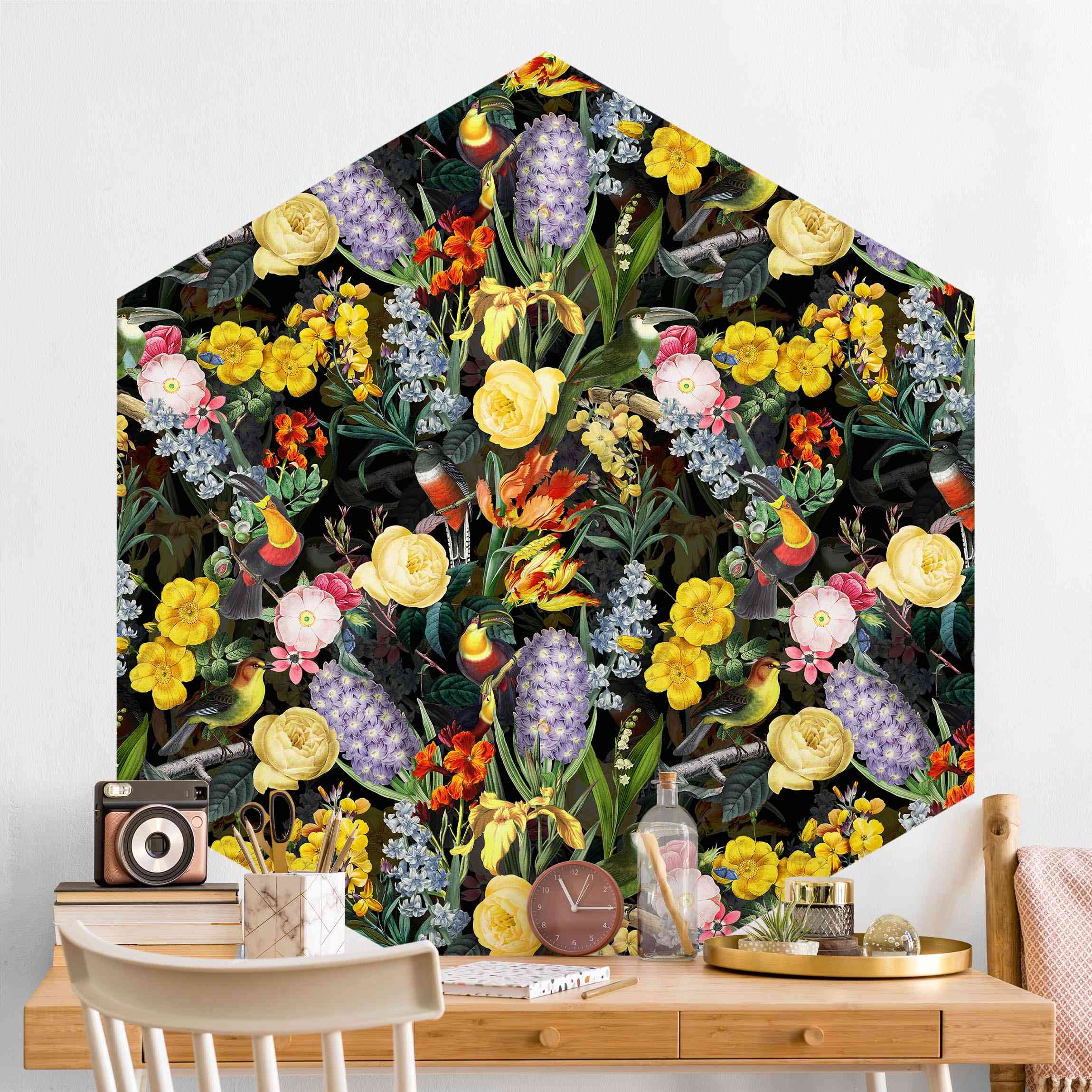 Hexagon Mustertapete Blumen mit Tropischen Vögeln Bunt