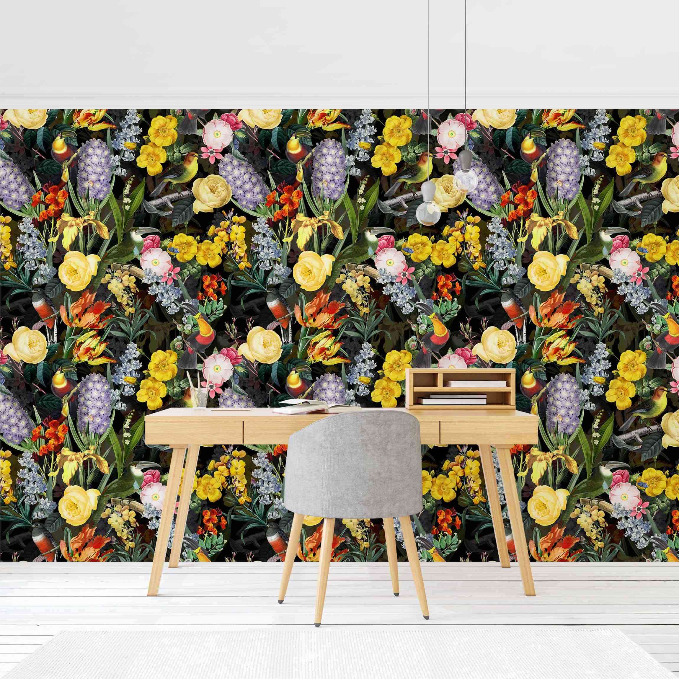 Mustertapete Blumen mit Tropischen Vögeln Bunt