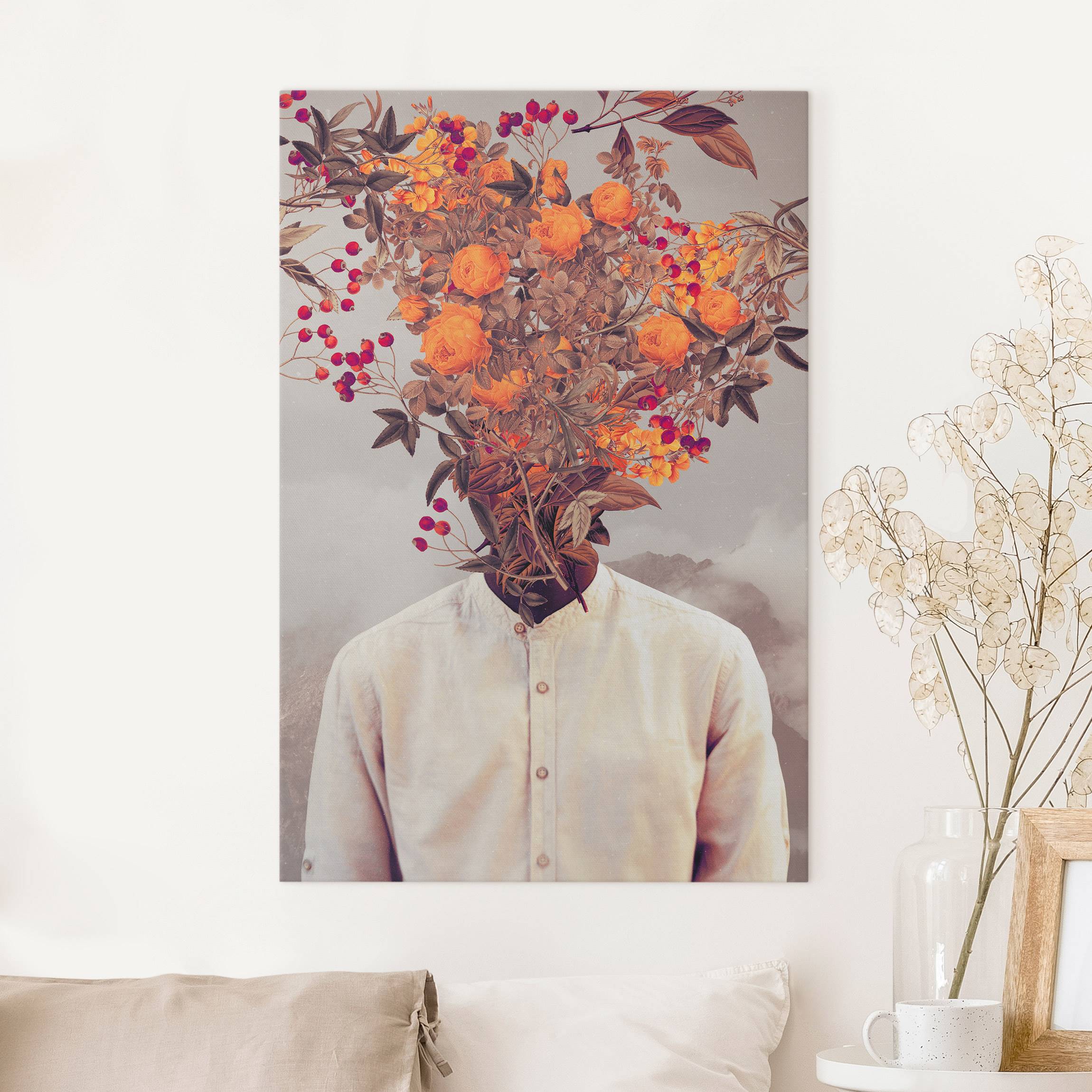 Leinwandbild Blumen Porträt - Orange Rosen mit Bergen