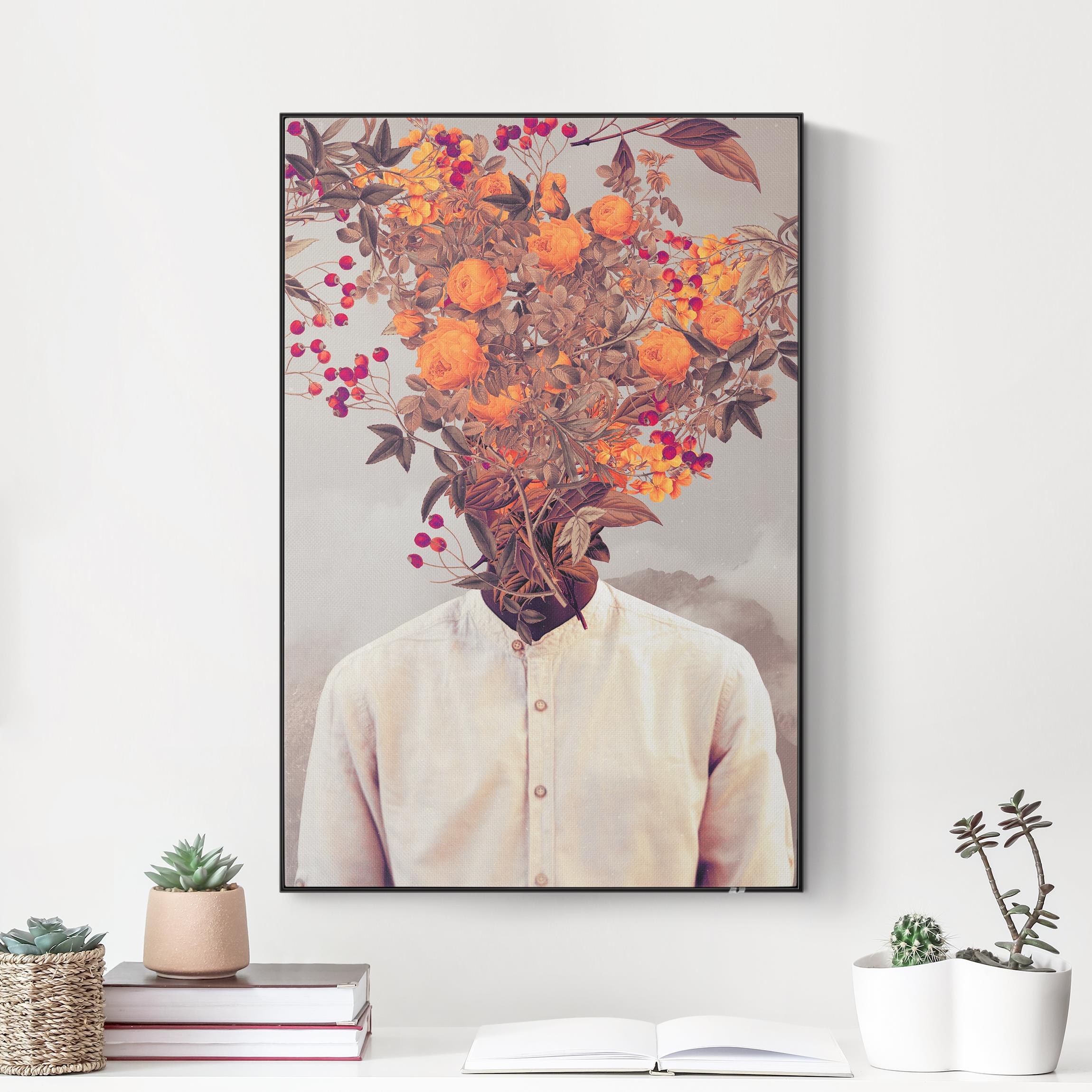 Akustik-Wechselbild Blumen Porträt - Orange Rosen mit Bergen