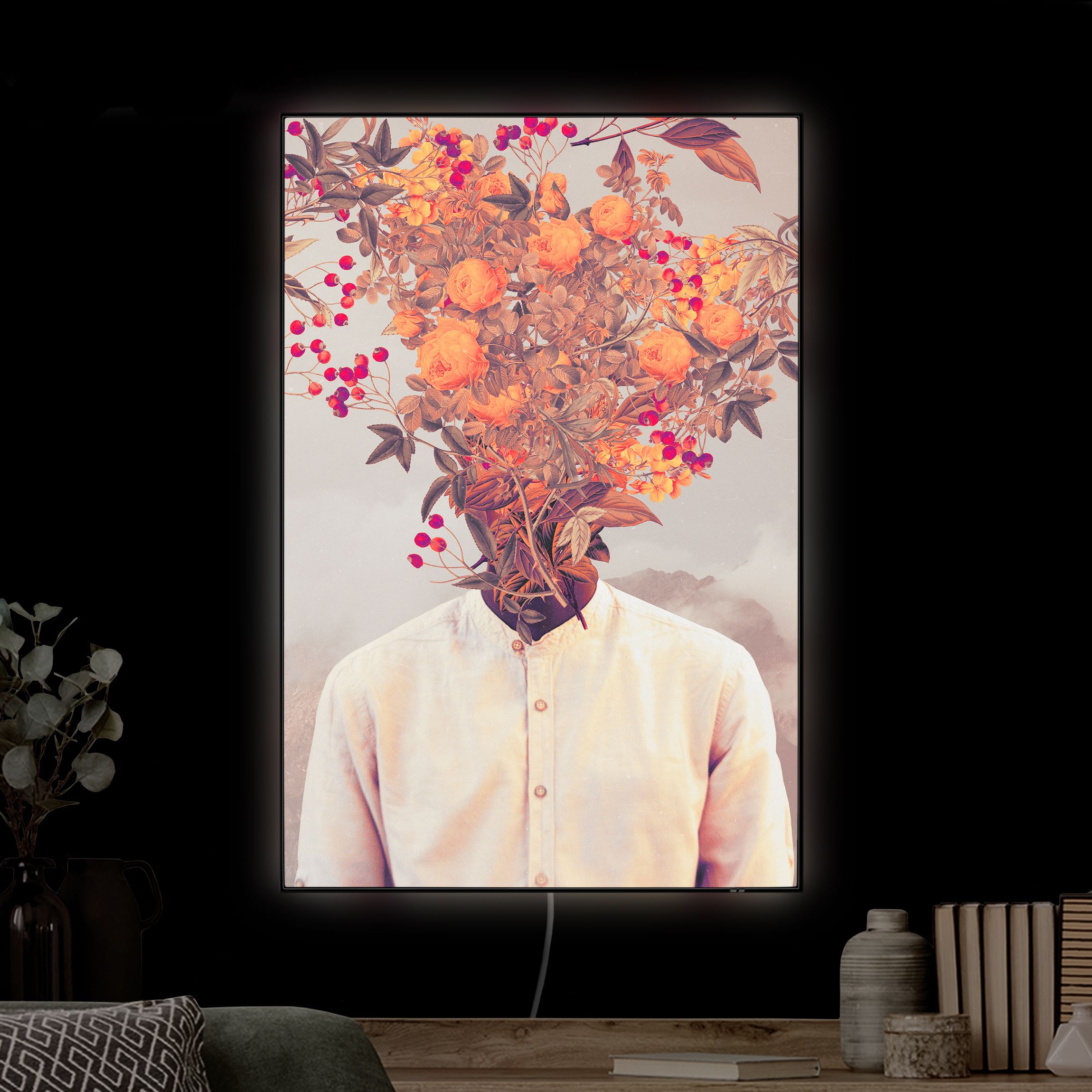 LED-Wechselbild Blumen Porträt - Orange Rosen mit Bergen