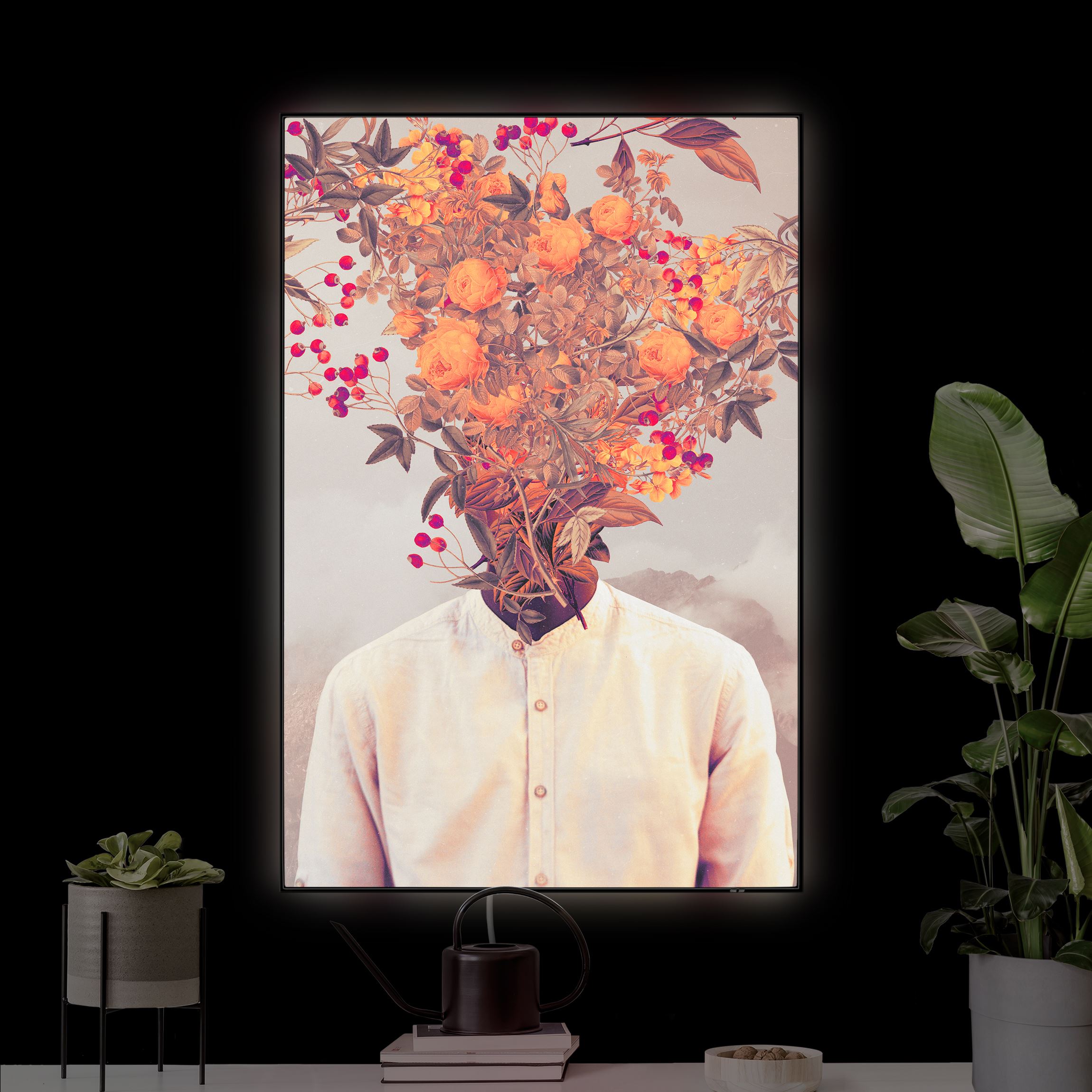 LED-Wechselbild Blumen Porträt - Orange Rosen mit Bergen