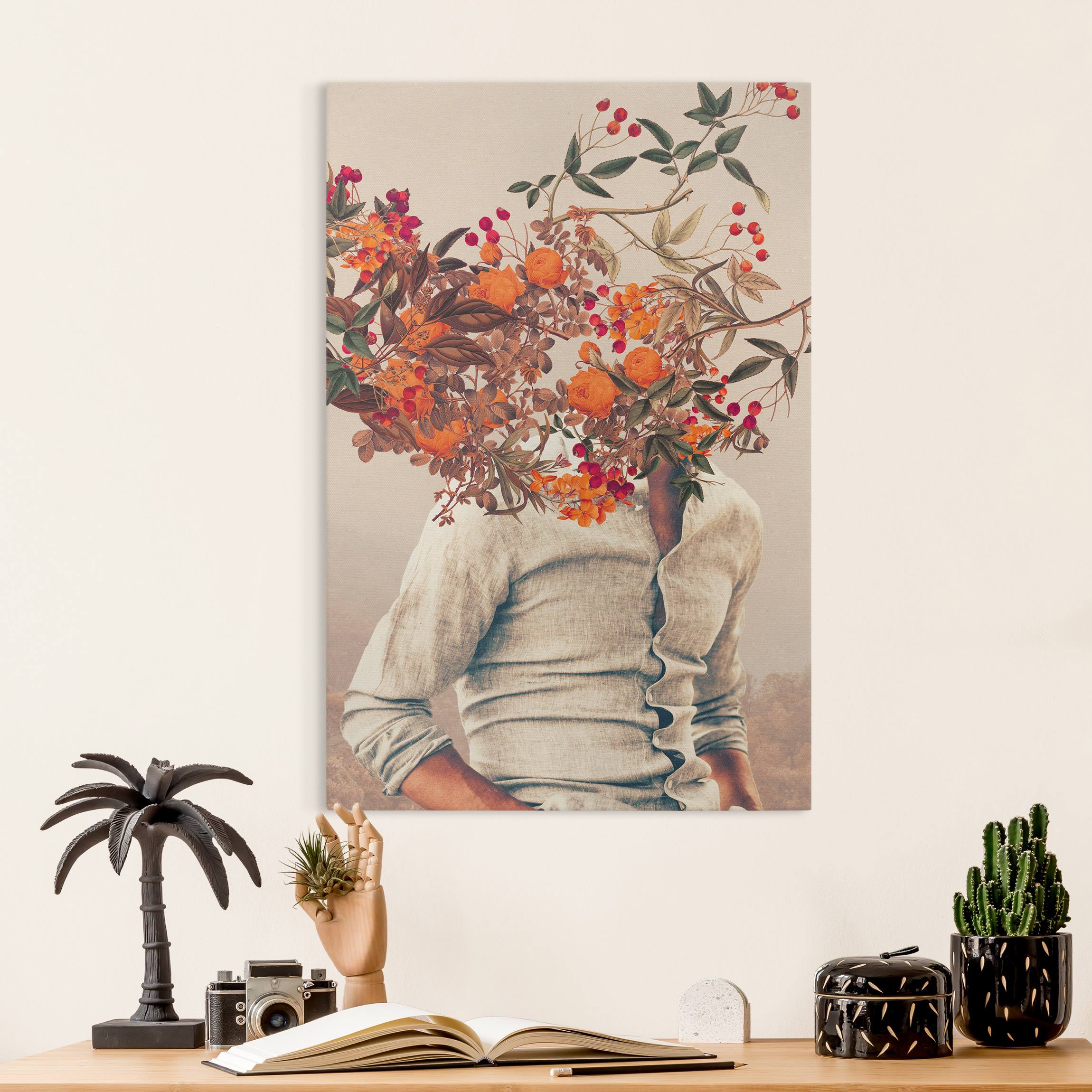 Leinwandbild Blumen Porträt - Orange Rosen mit Wald