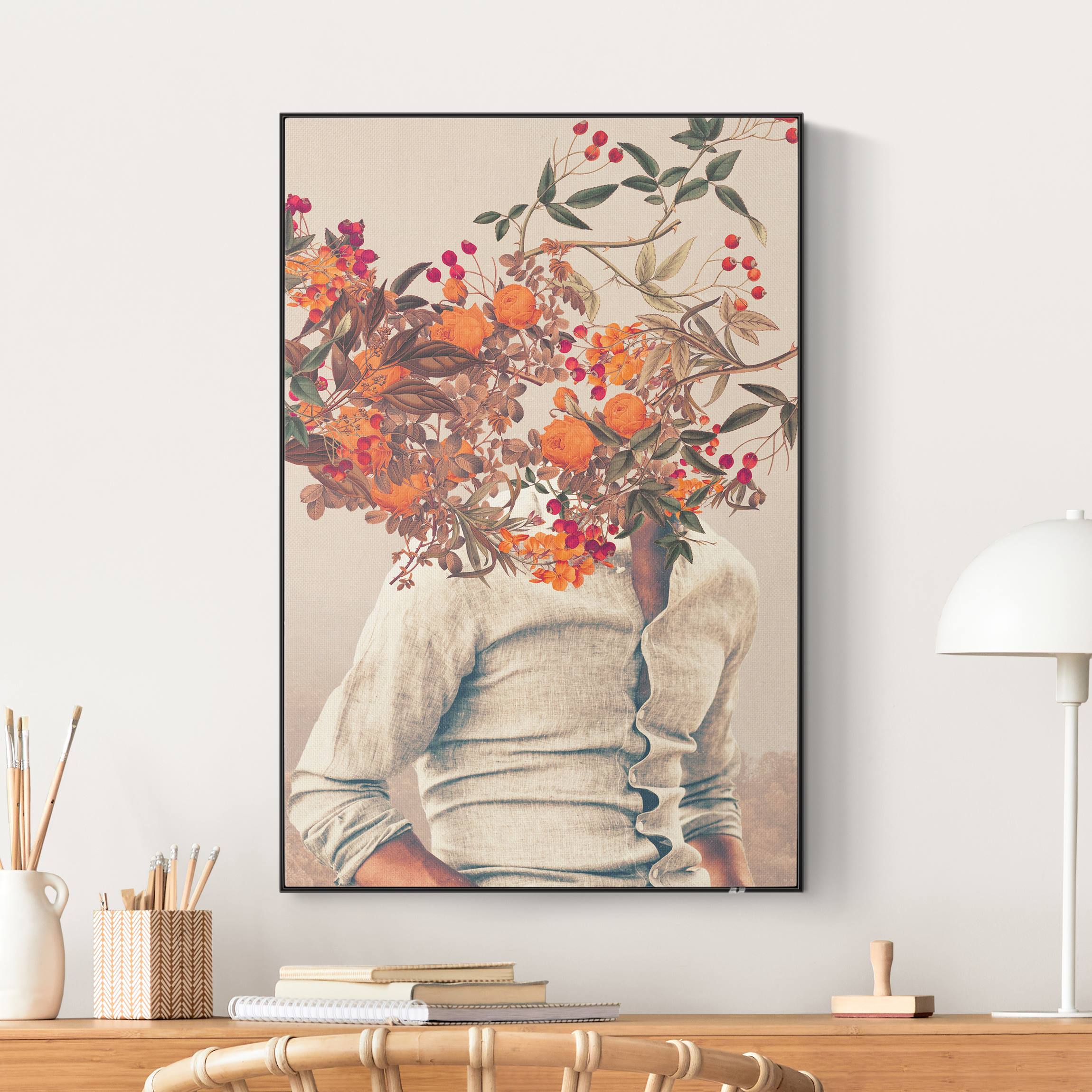 Akustik-Wechselbild Blumen Porträt - Orange Rosen mit Wald