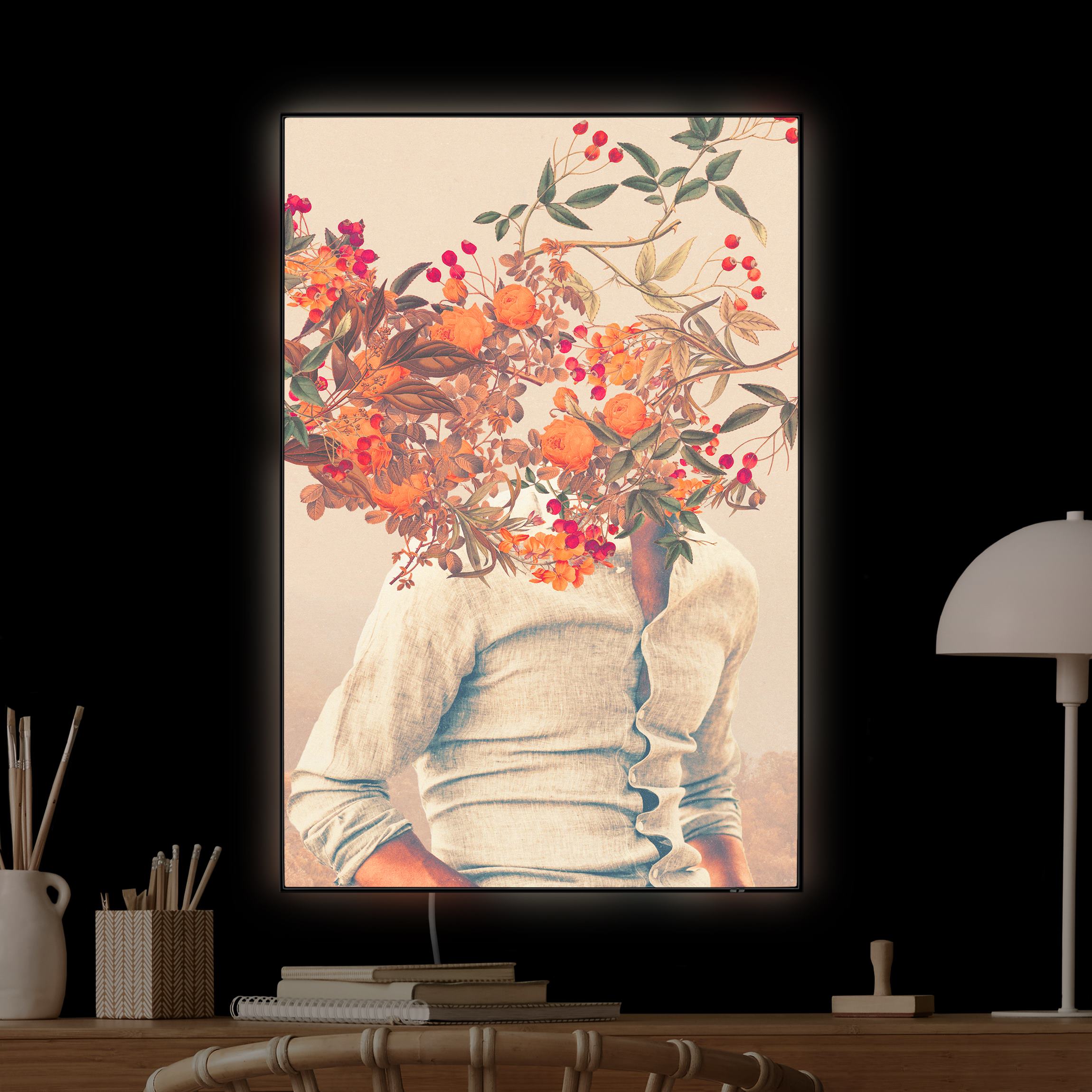LED-Wechselbild Blumen Porträt - Orange Rosen mit Wald