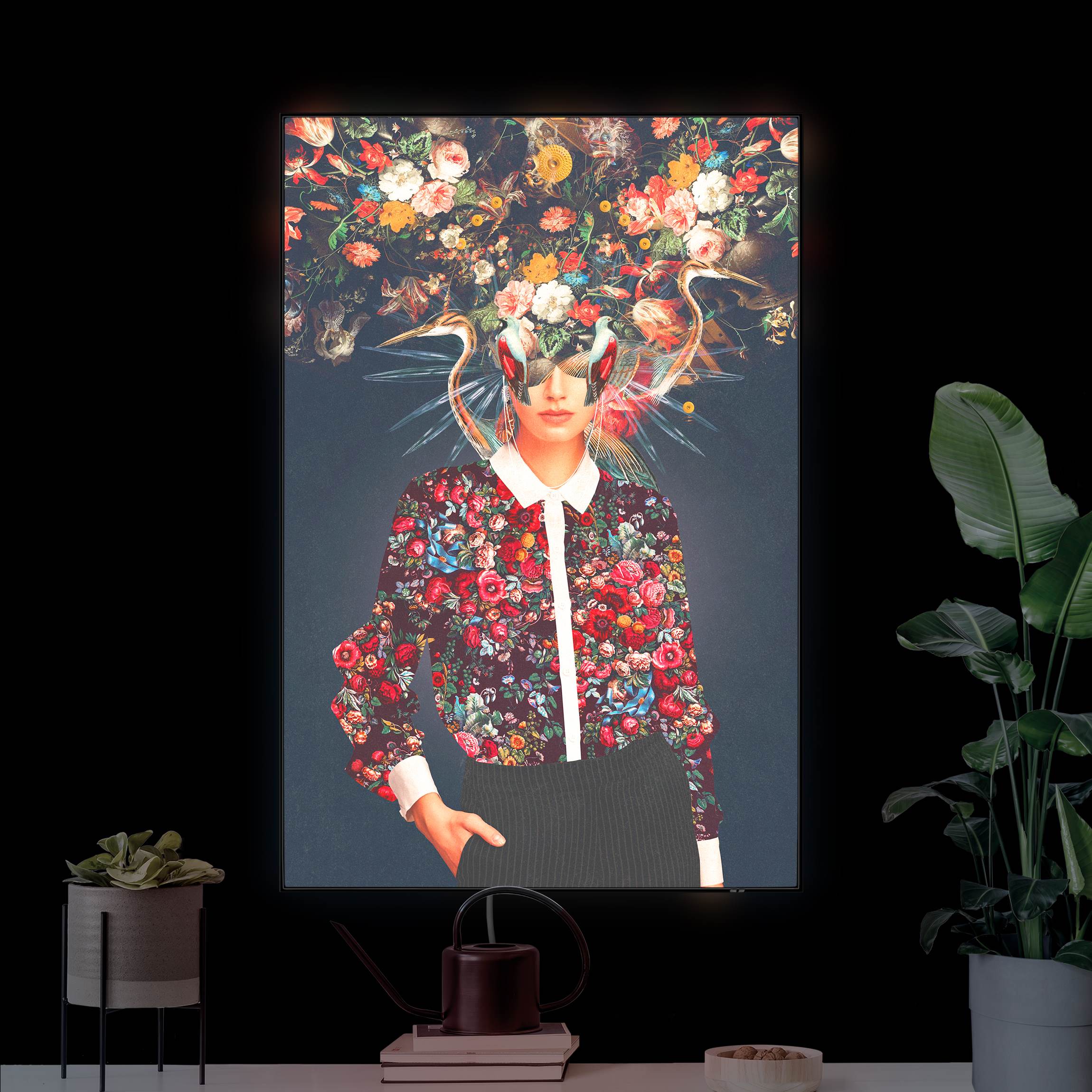 LED-Wechselbild Blumen Porträt - Vögel und Bluse