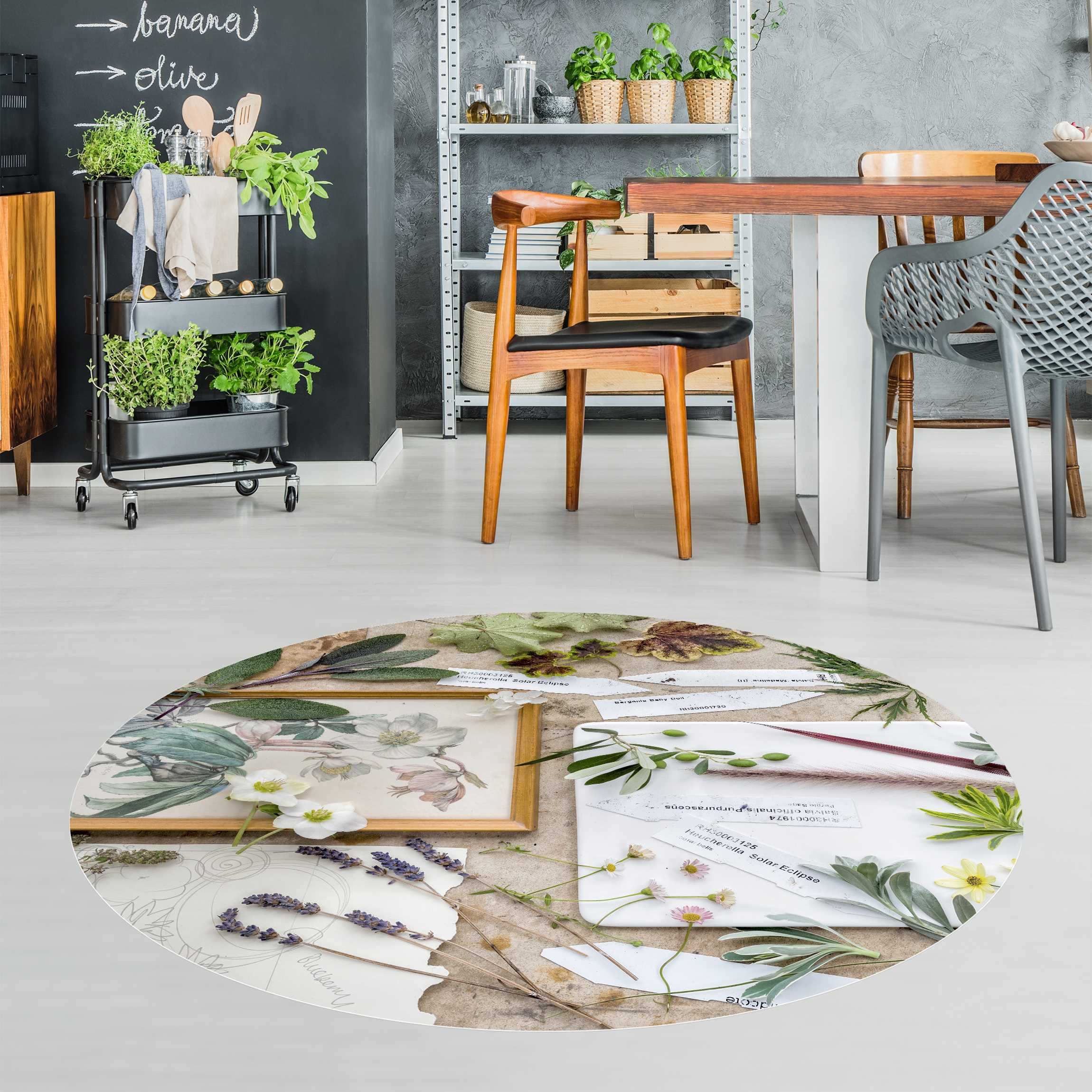 Runder Vinyl-Teppich Blumen und Gartenkräuter Vintage