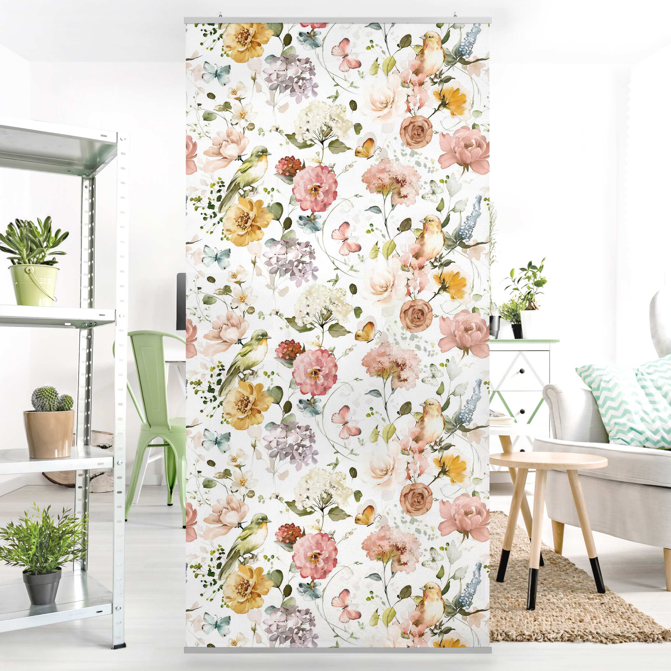 Raumteiler Blumen und Vögel Aquarell Muster
