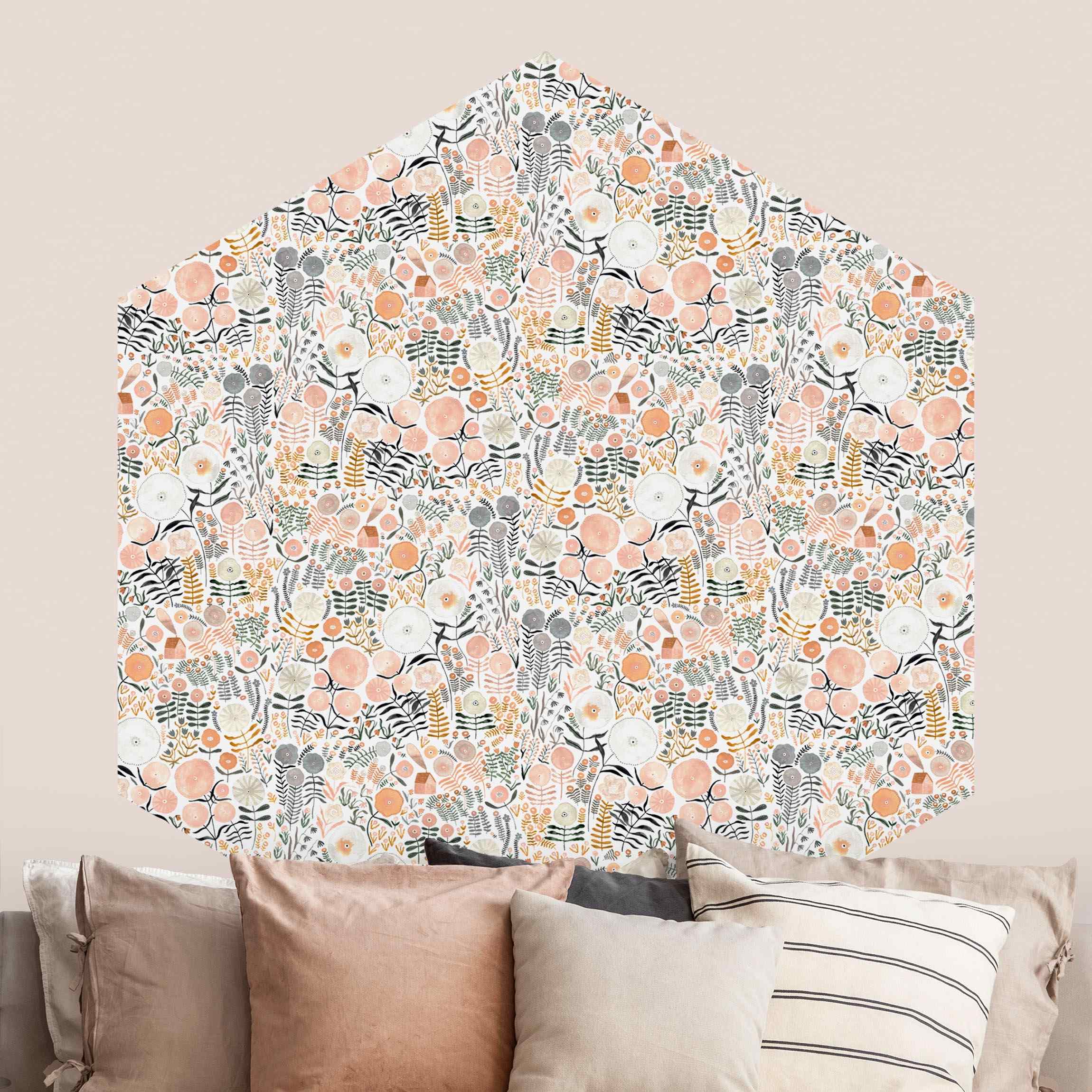 Hexagon Tapete selbstklebend Blumenmeer in Apricot