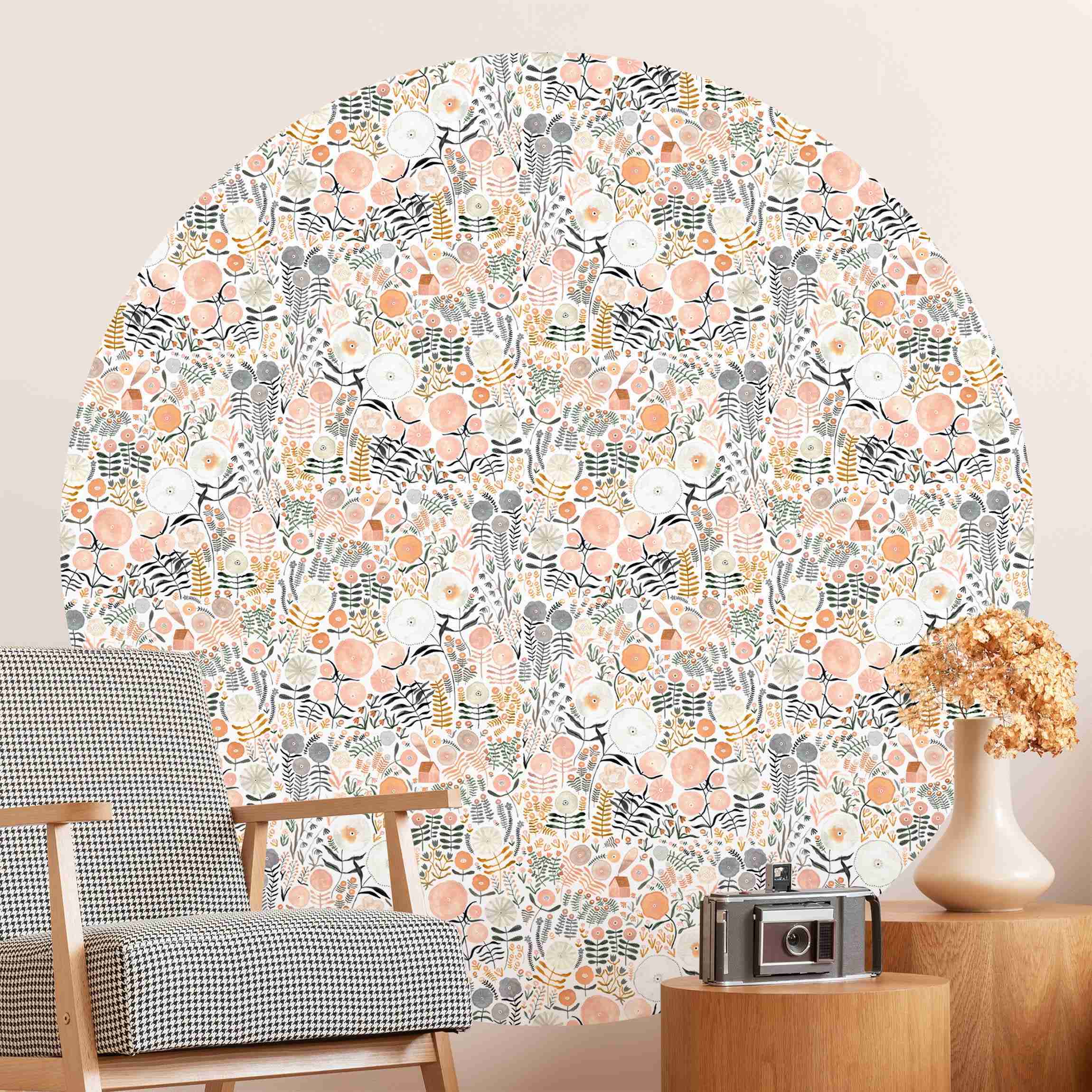 Runde Tapete selbstklebend Blumenmeer in Apricot