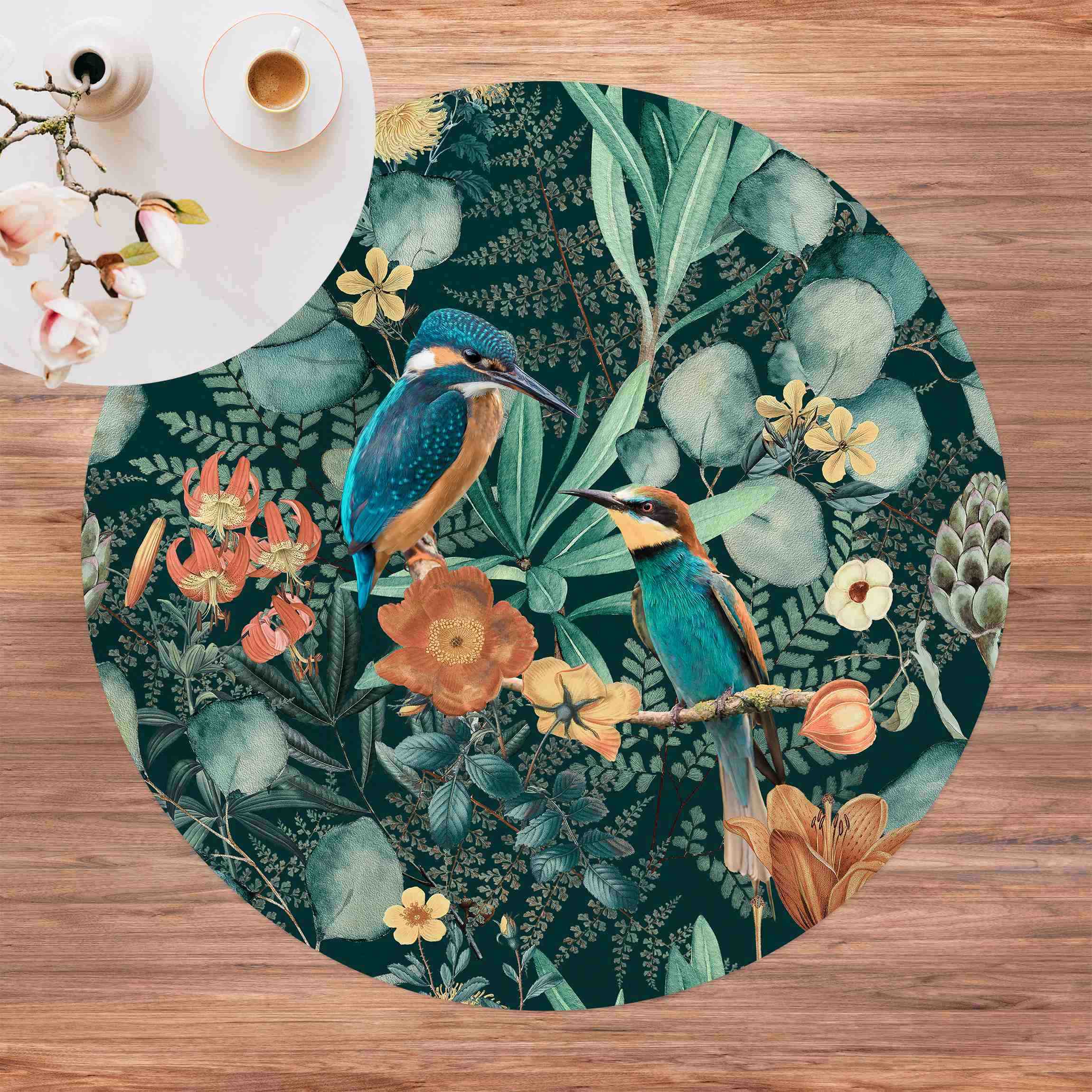 Runder Vinyl-Teppich Blumenparadies Eisvogel und Kolibri