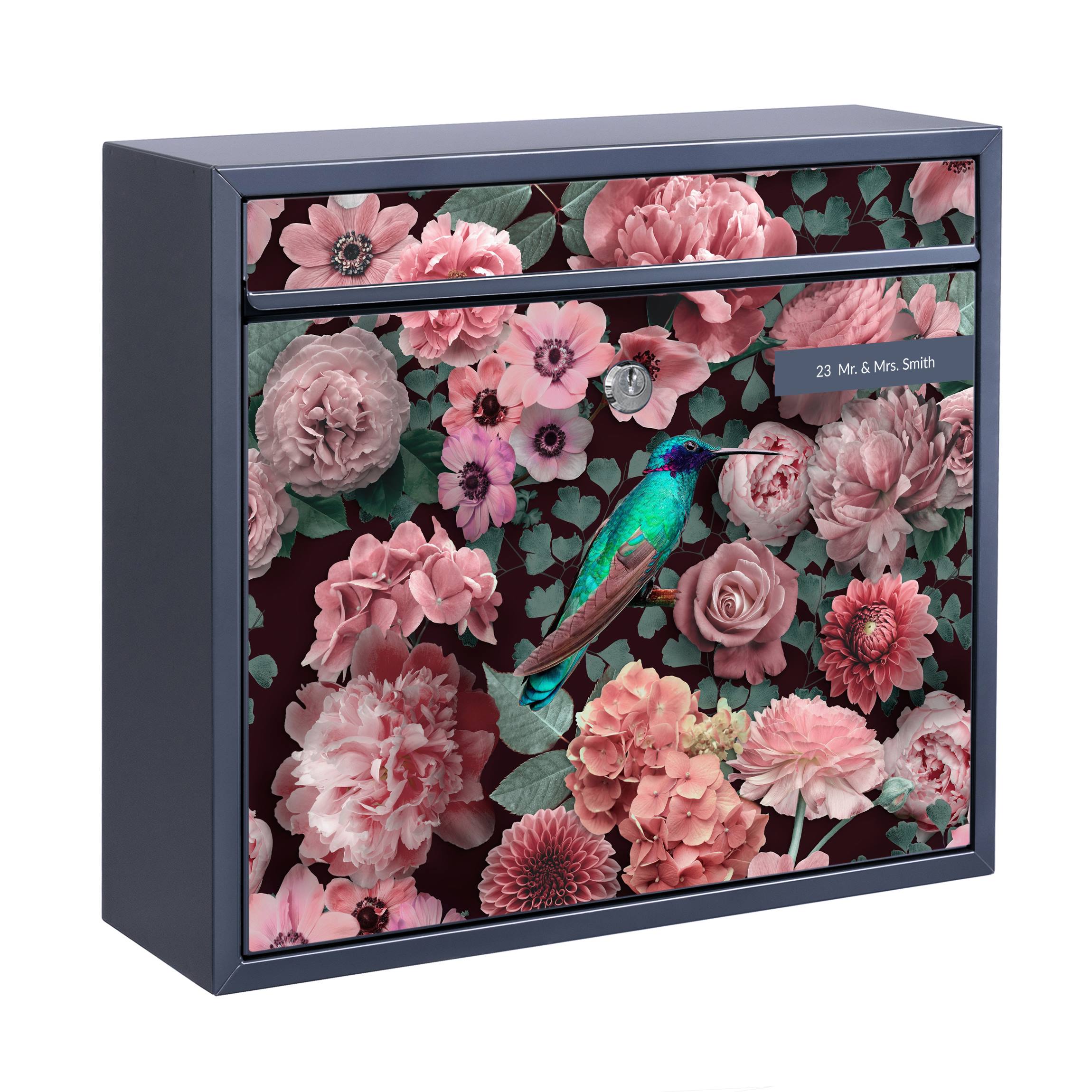Briefkasten mit eigenem Text Blumenparadies Kolibri mit Rosen