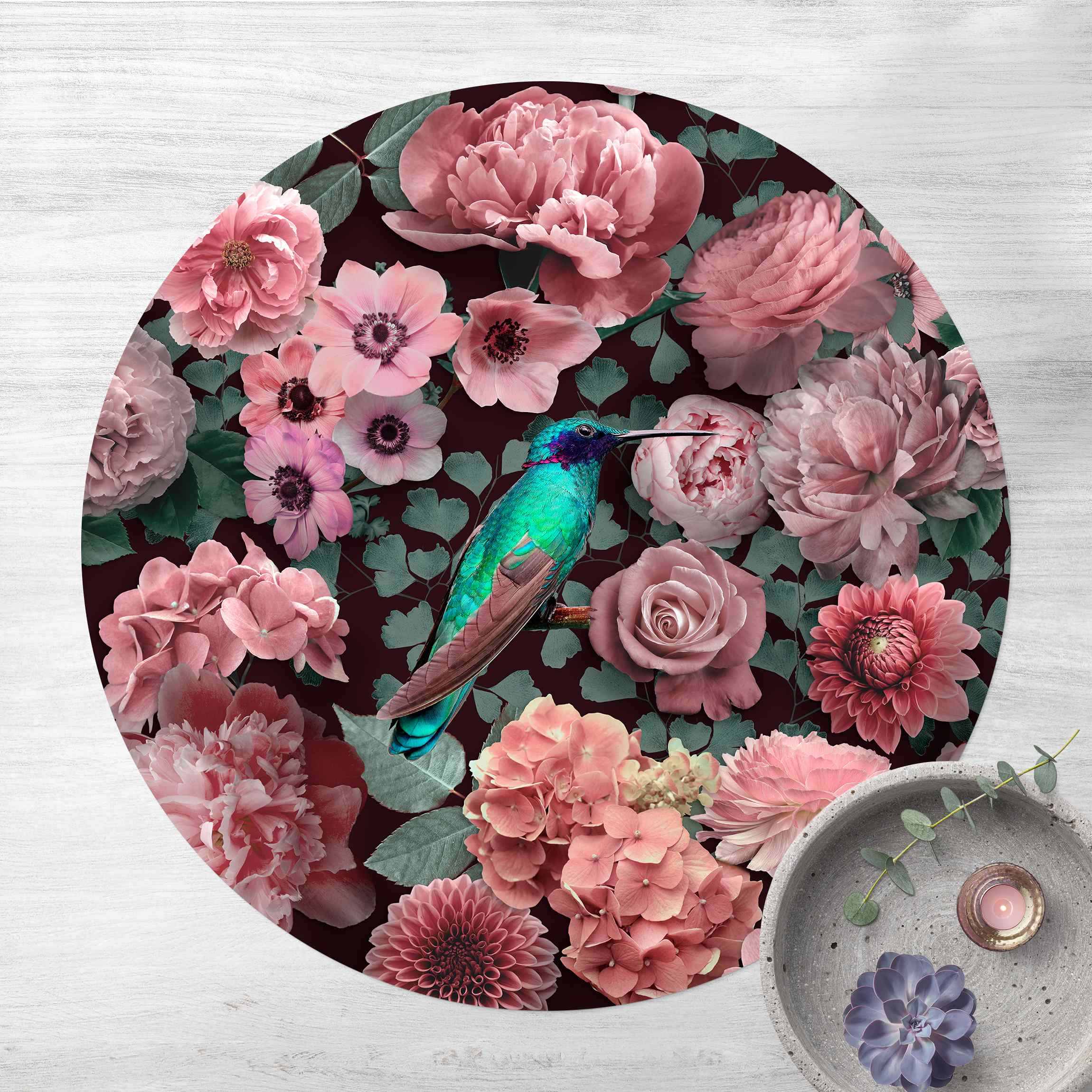Runder Vinyl-Teppich Blumenparadies Kolibri mit Rosen