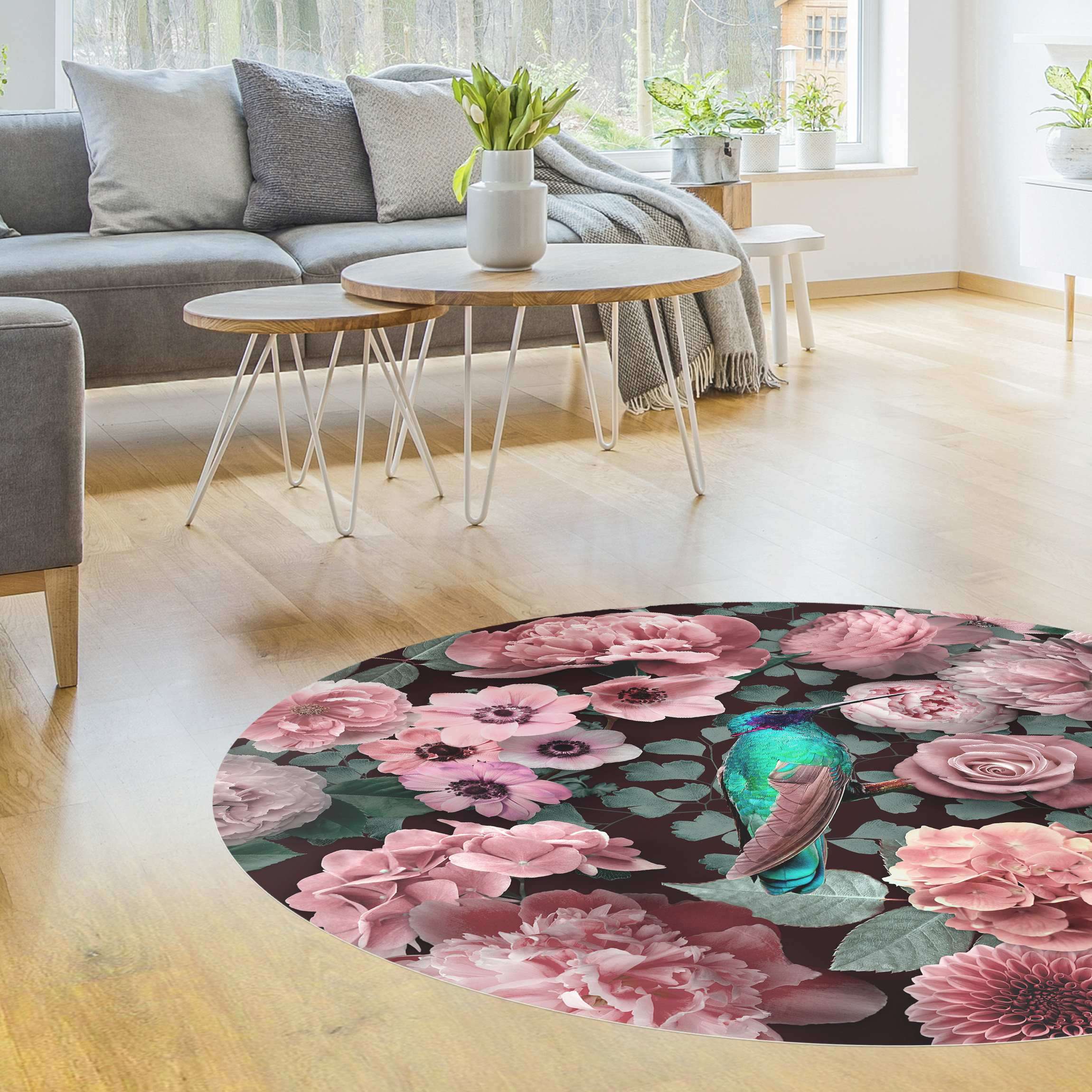Runder Vinyl-Teppich Blumenparadies Kolibri mit Rosen