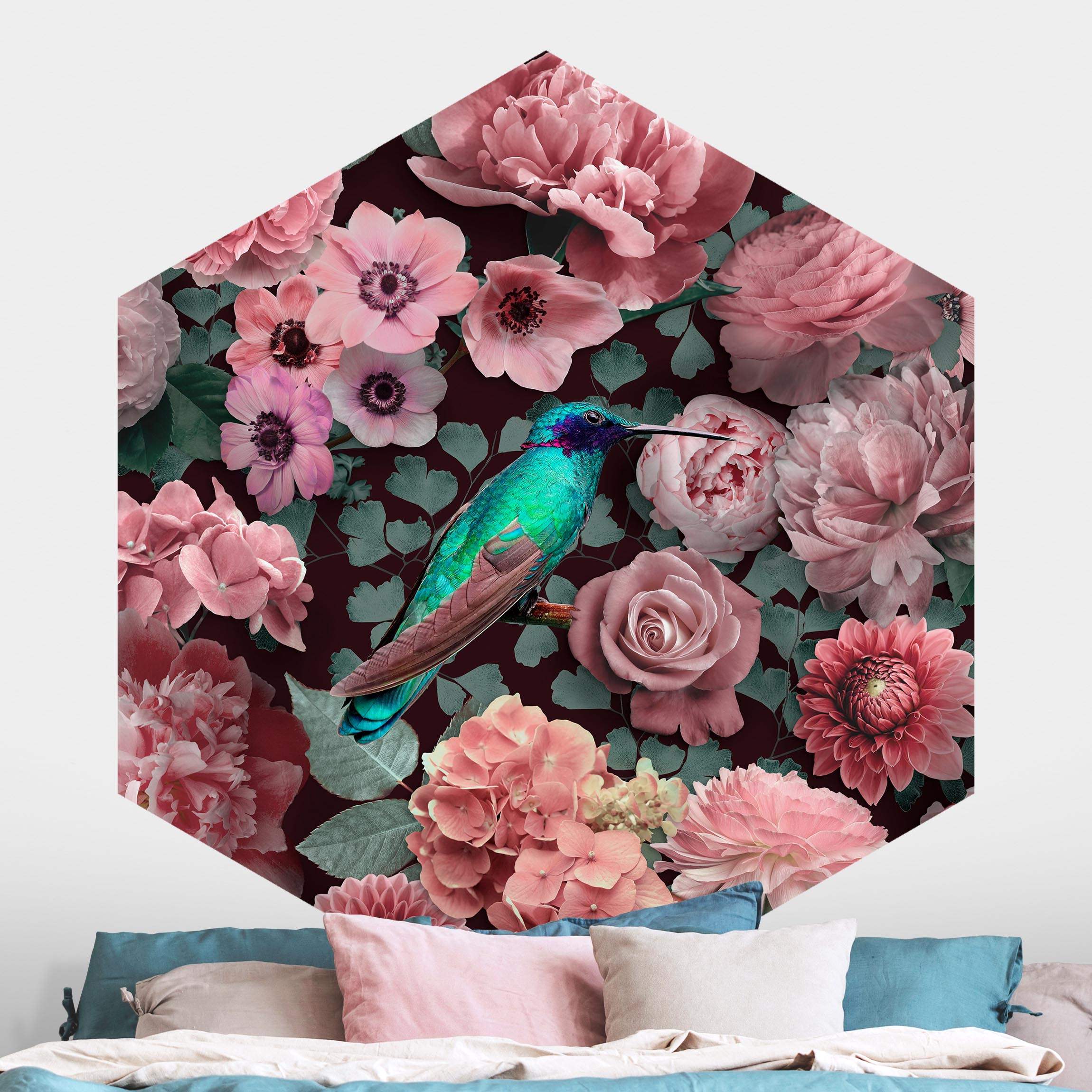 Hexagon Fototapete selbstklebend Blumenparadies Kolibri mit Rosen