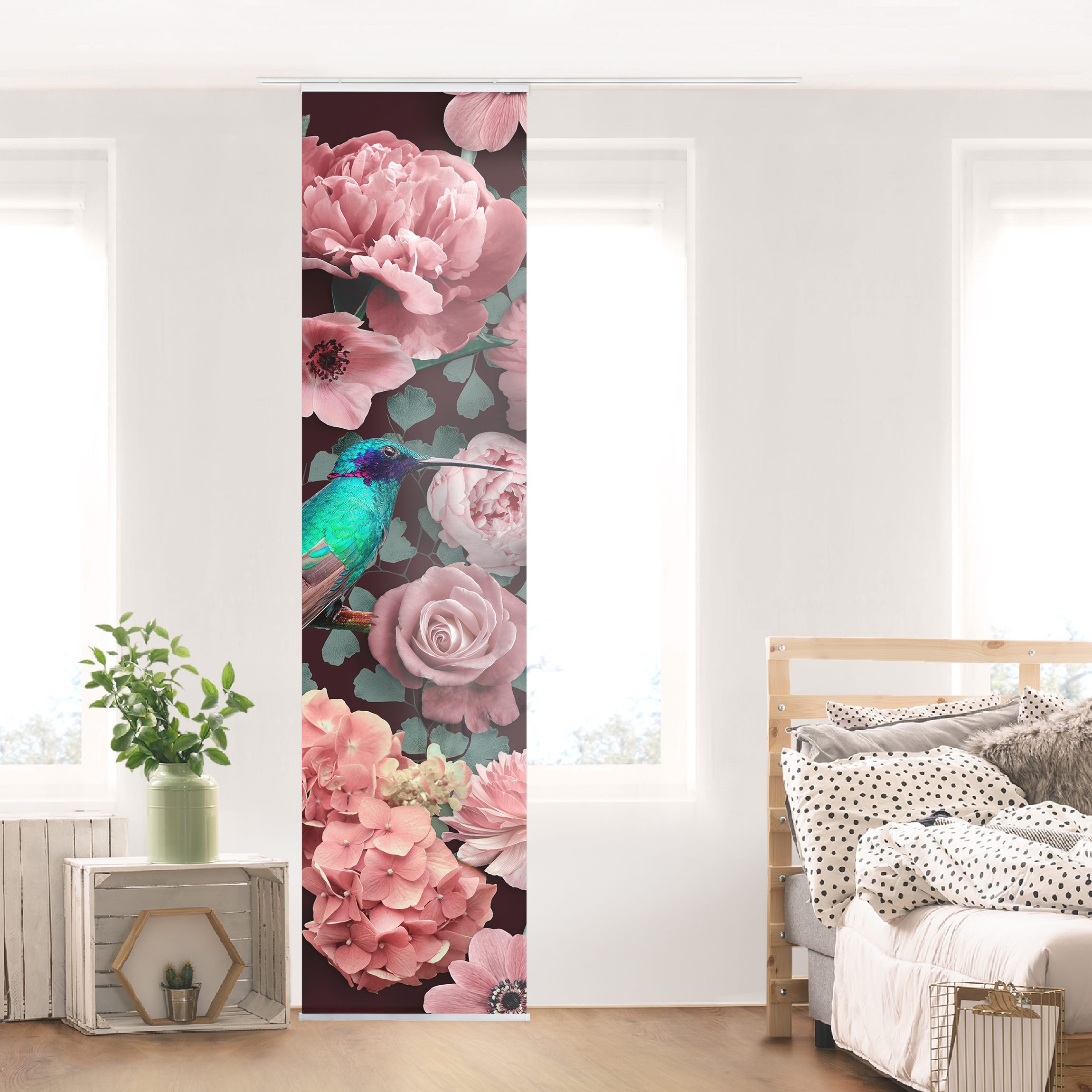 Schiebegardine Blumenparadies Kolibri mit Rosen
