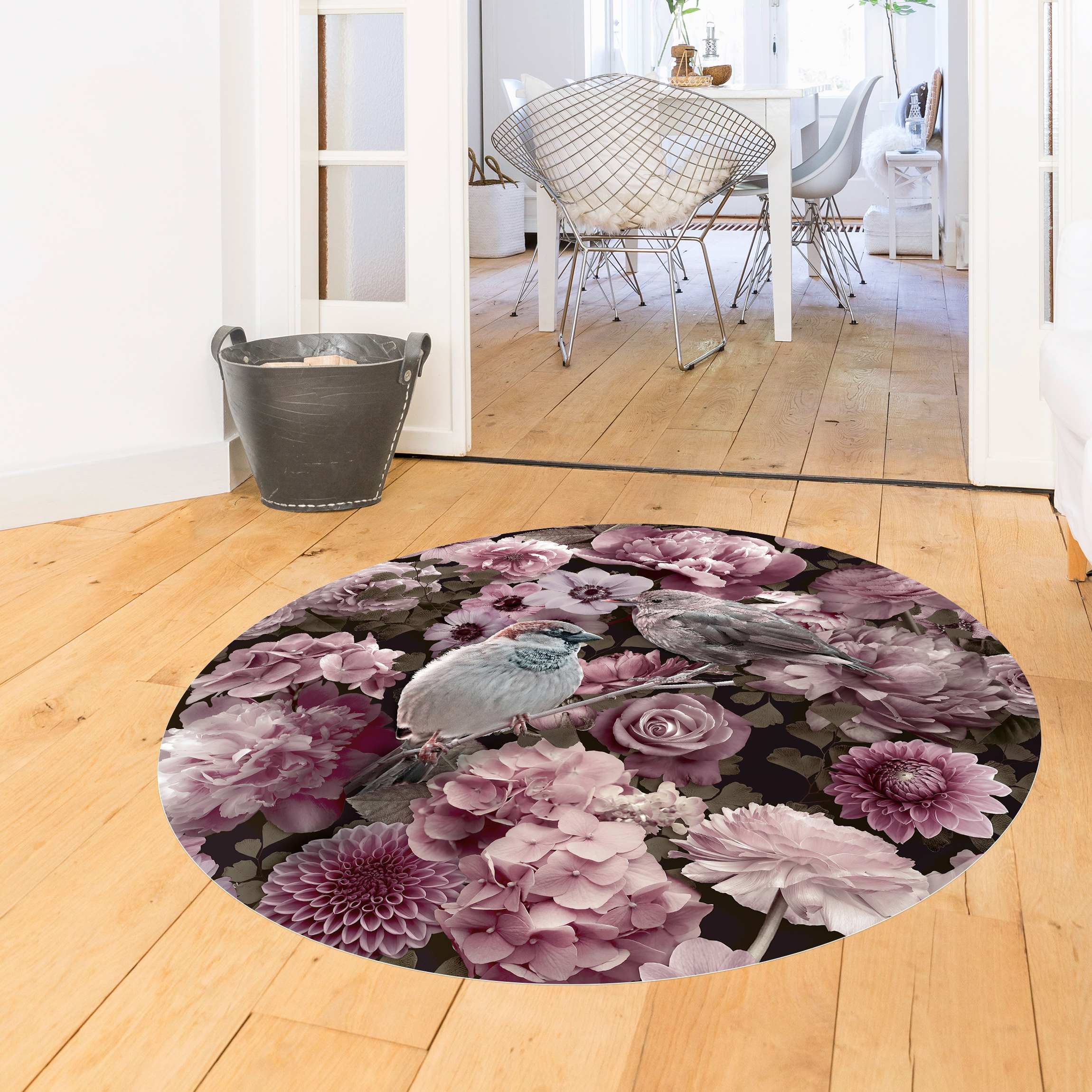 Runder Vinyl-Teppich Blumenparadies Spatzen in Altrosa