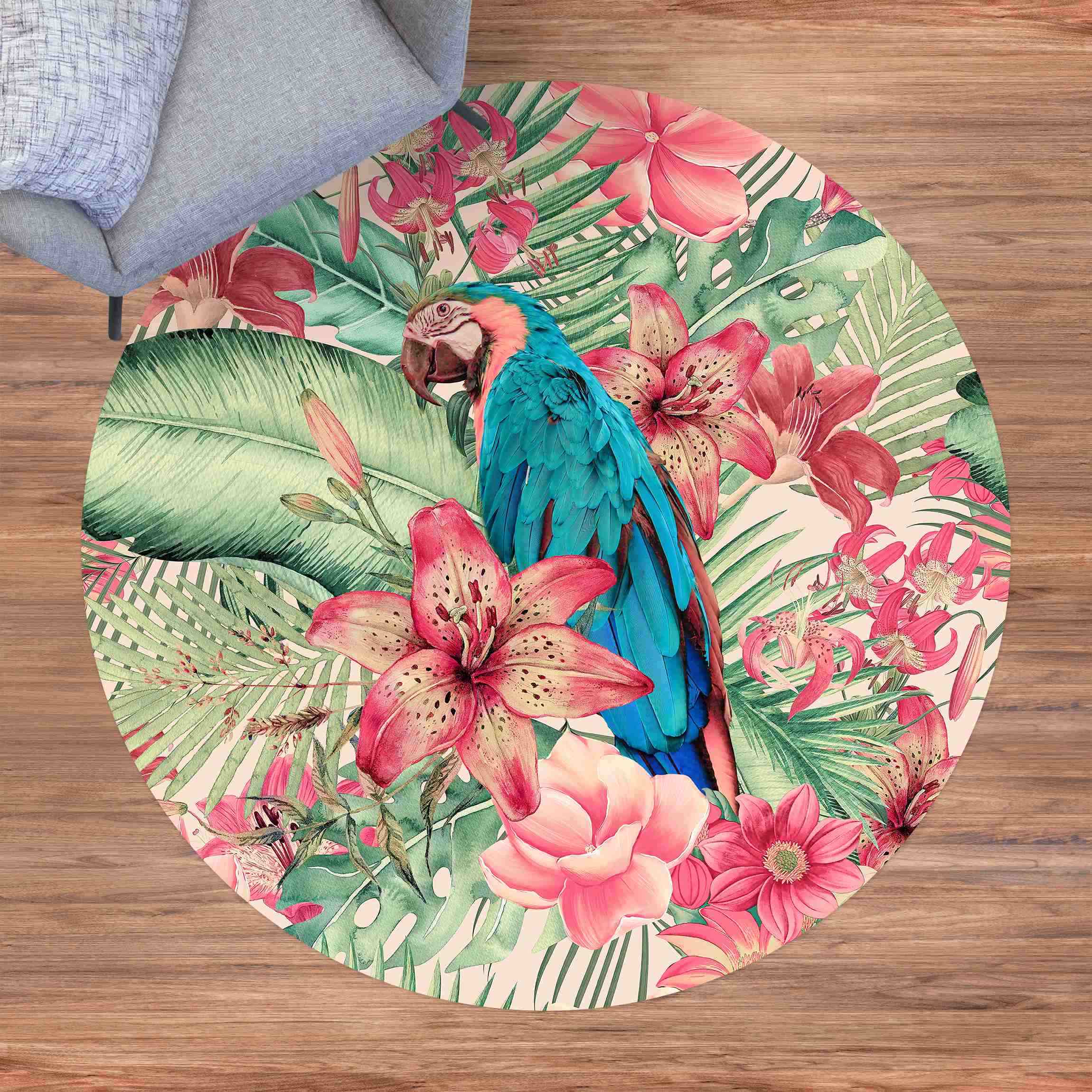 Runder Vinyl-Teppich Blumenparadies tropischer Papagei