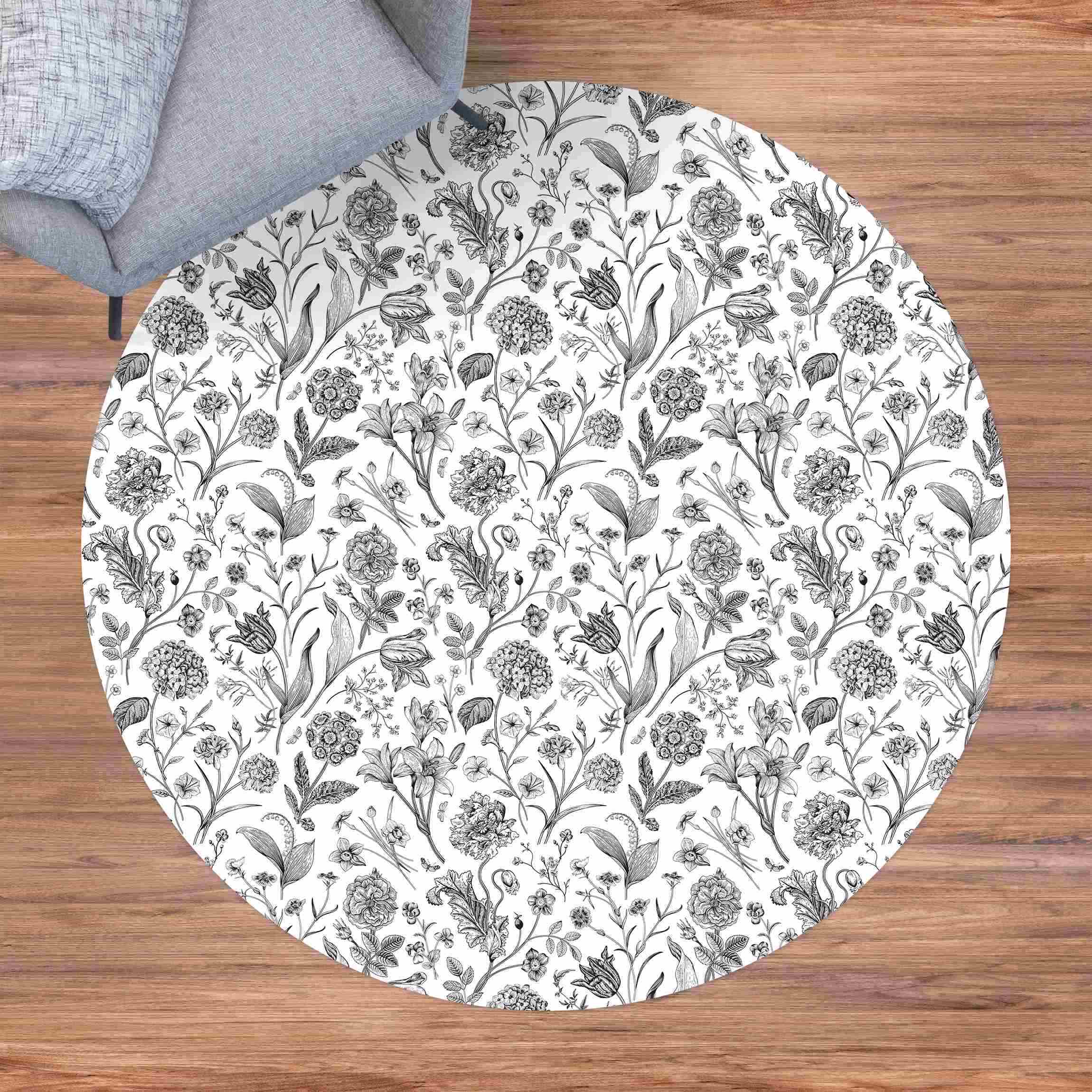Runder Vinyl-Teppich Blumentanz in Schwarz