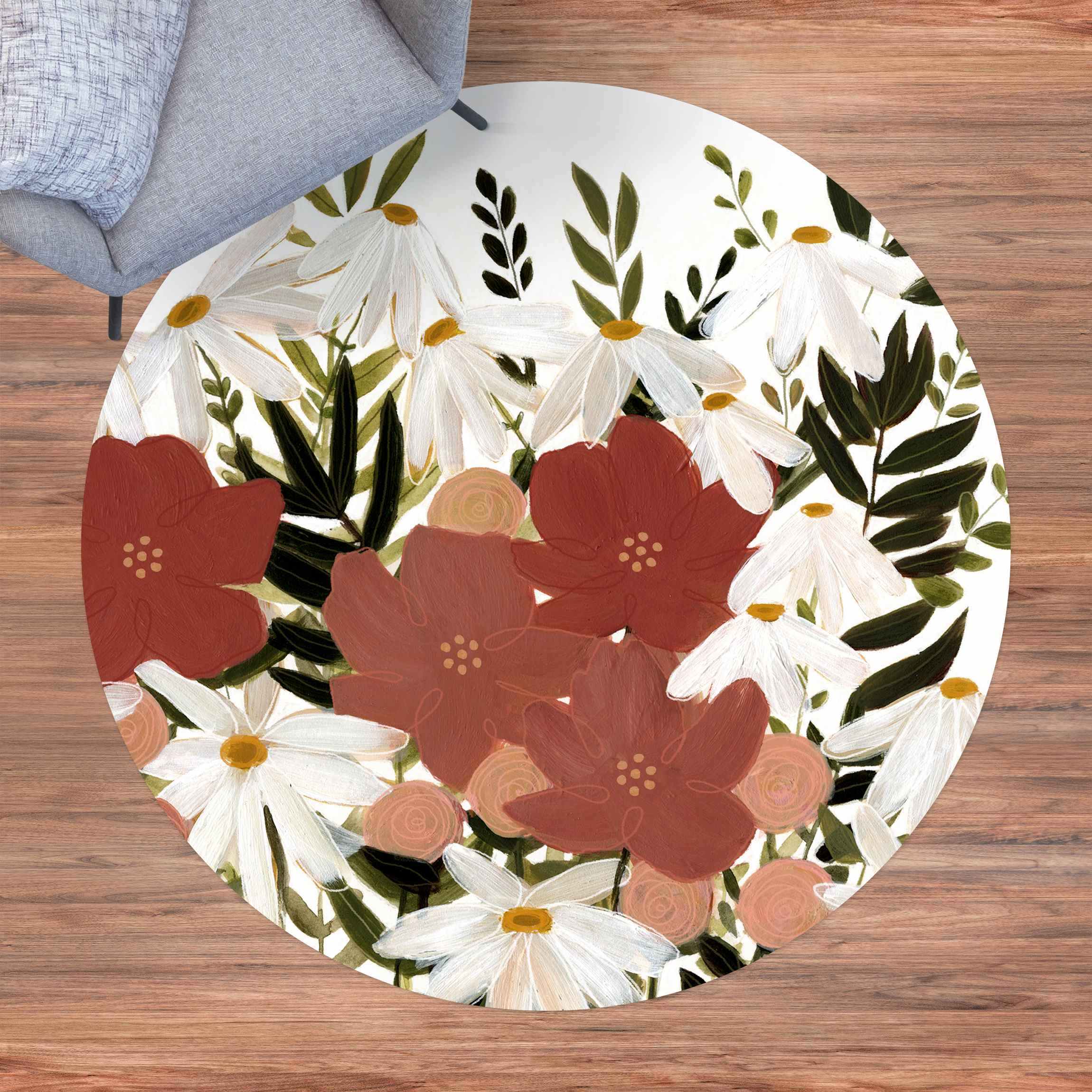 Runder Vinyl-Teppich Blumenvielfalt in Rosa und Weiß II