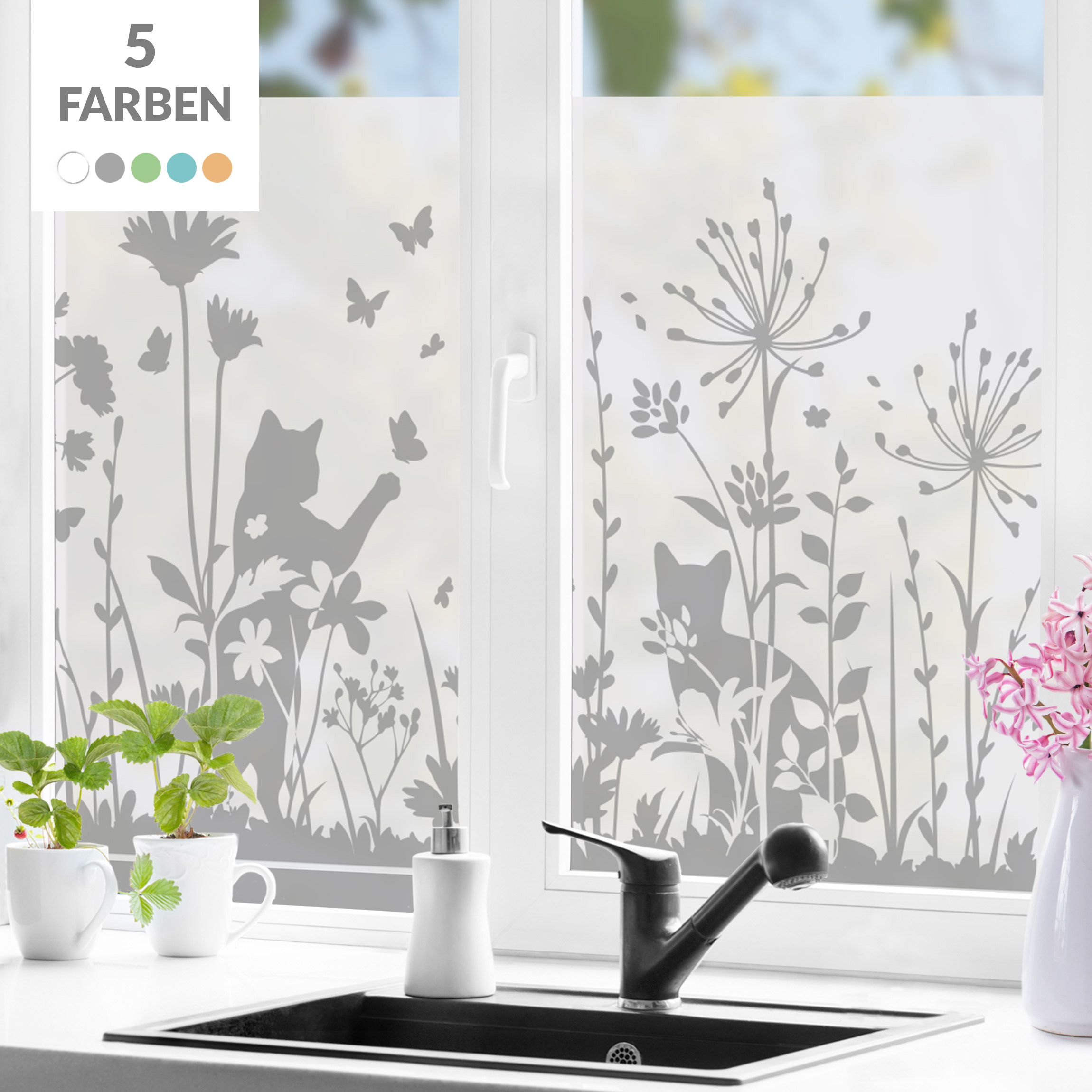 Milchglasfolie Blumenwiese mit Katzen