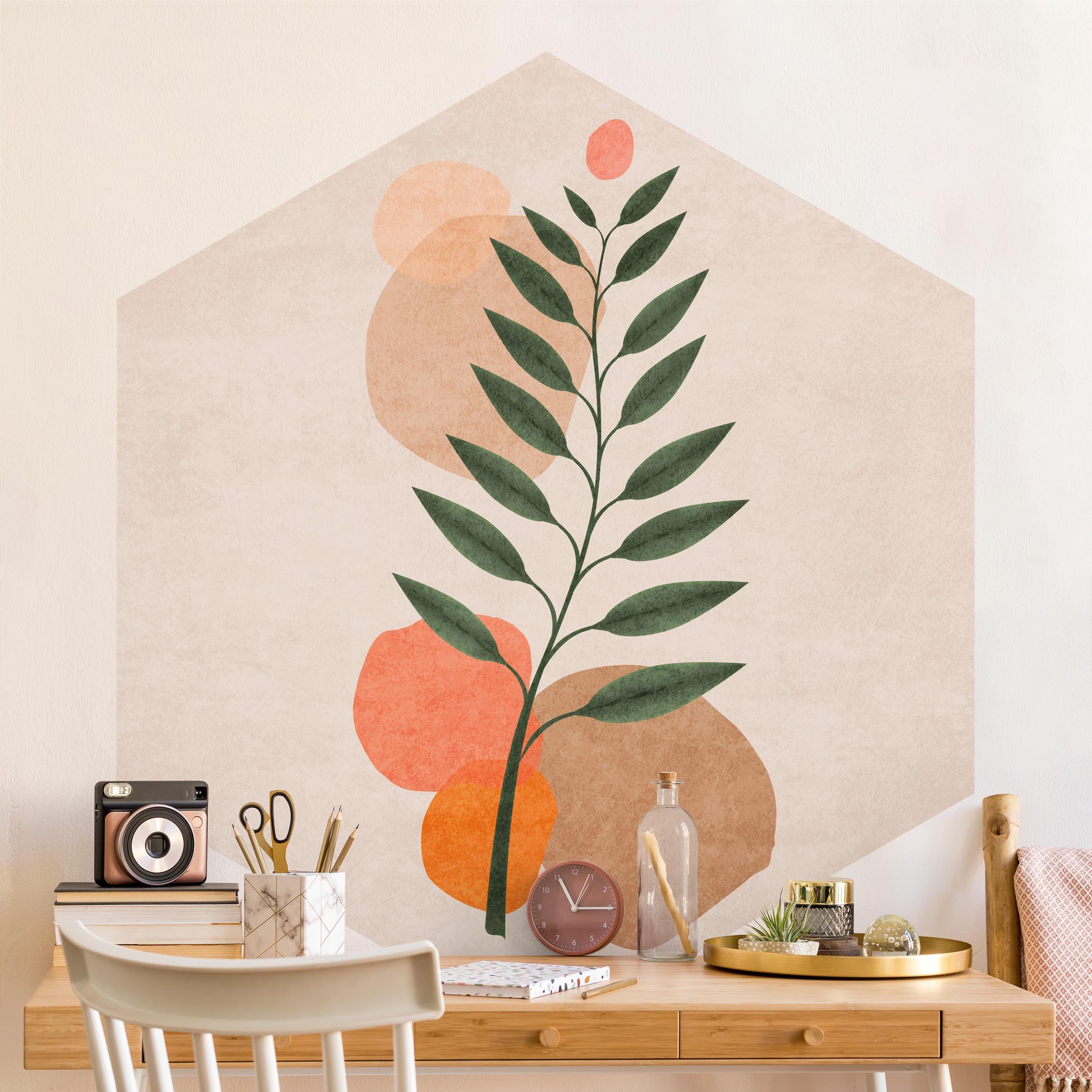 Hexagon Tapete selbstklebend Boho Blätter II