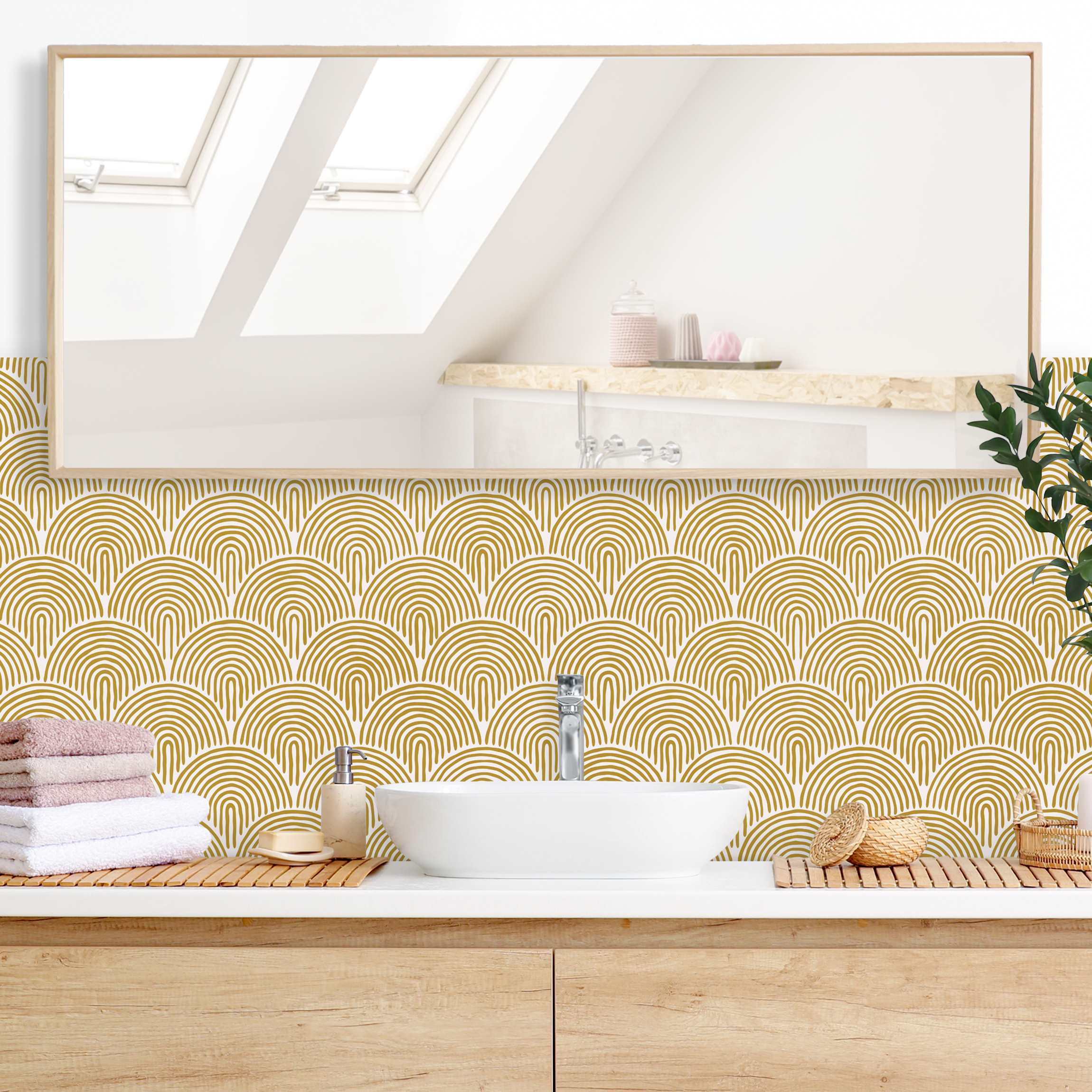 Wandverkleidung Bad Boho Bogen Muster Gelb