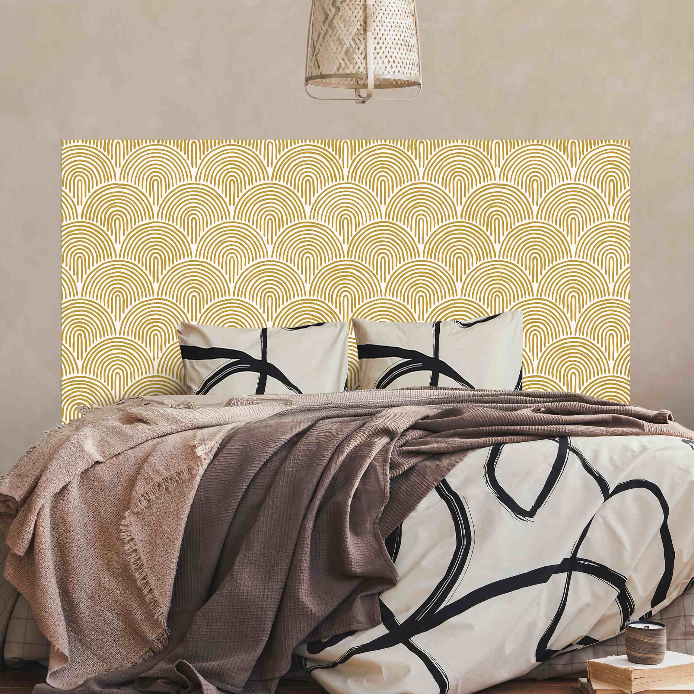 Kopfteil Bett Boho Bogen Muster Gelb