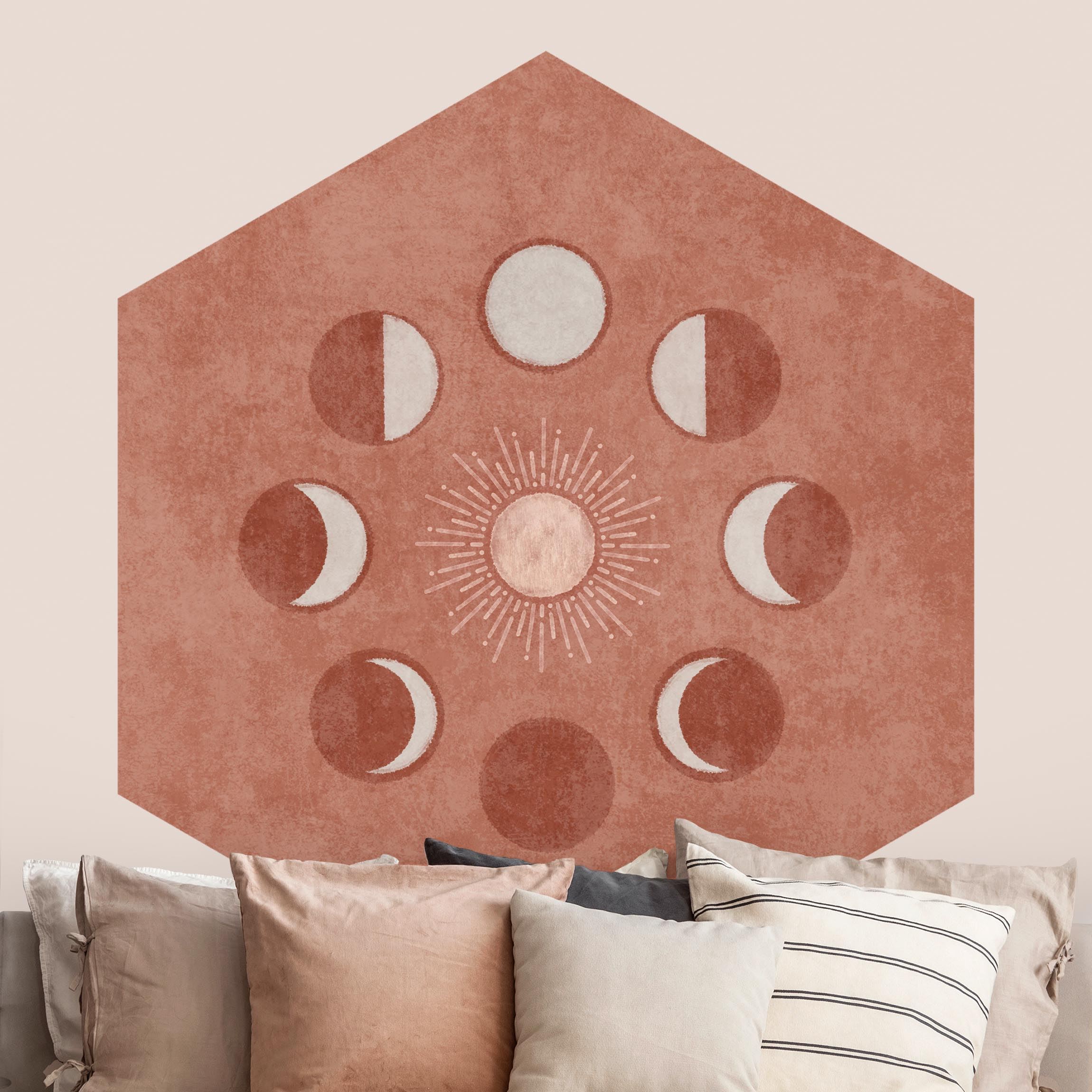 Hexagon Tapete selbstklebend Boho Mondphasen mit Sonne
