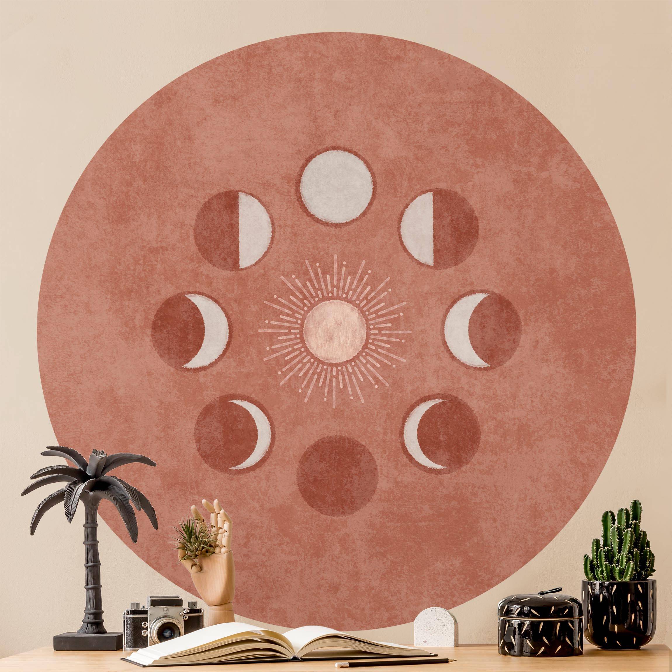 Runde Tapete selbstklebend Boho Mondphasen mit Sonne