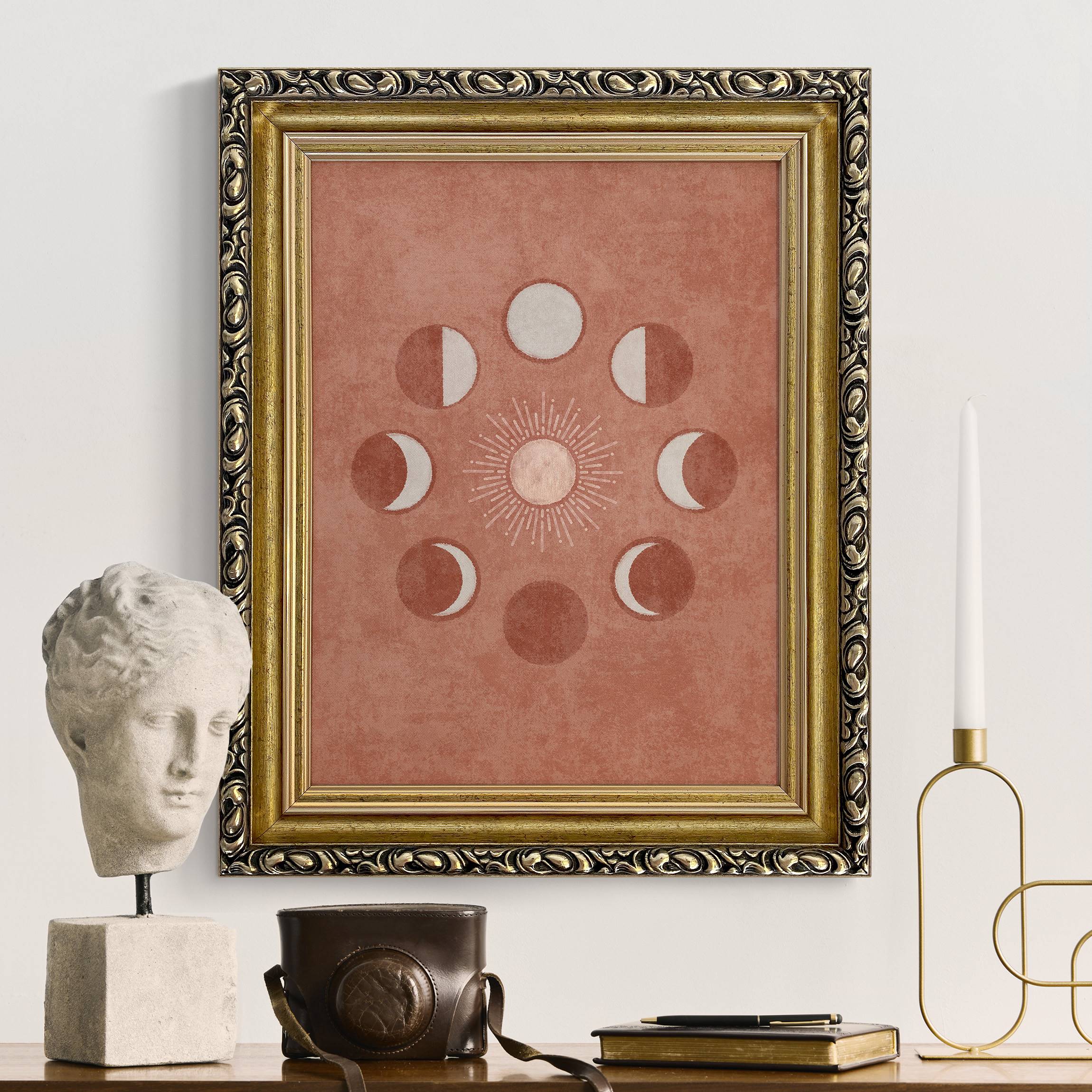 Leinwandbild mit Barockrahmen Boho Mondphasen mit Sonne
