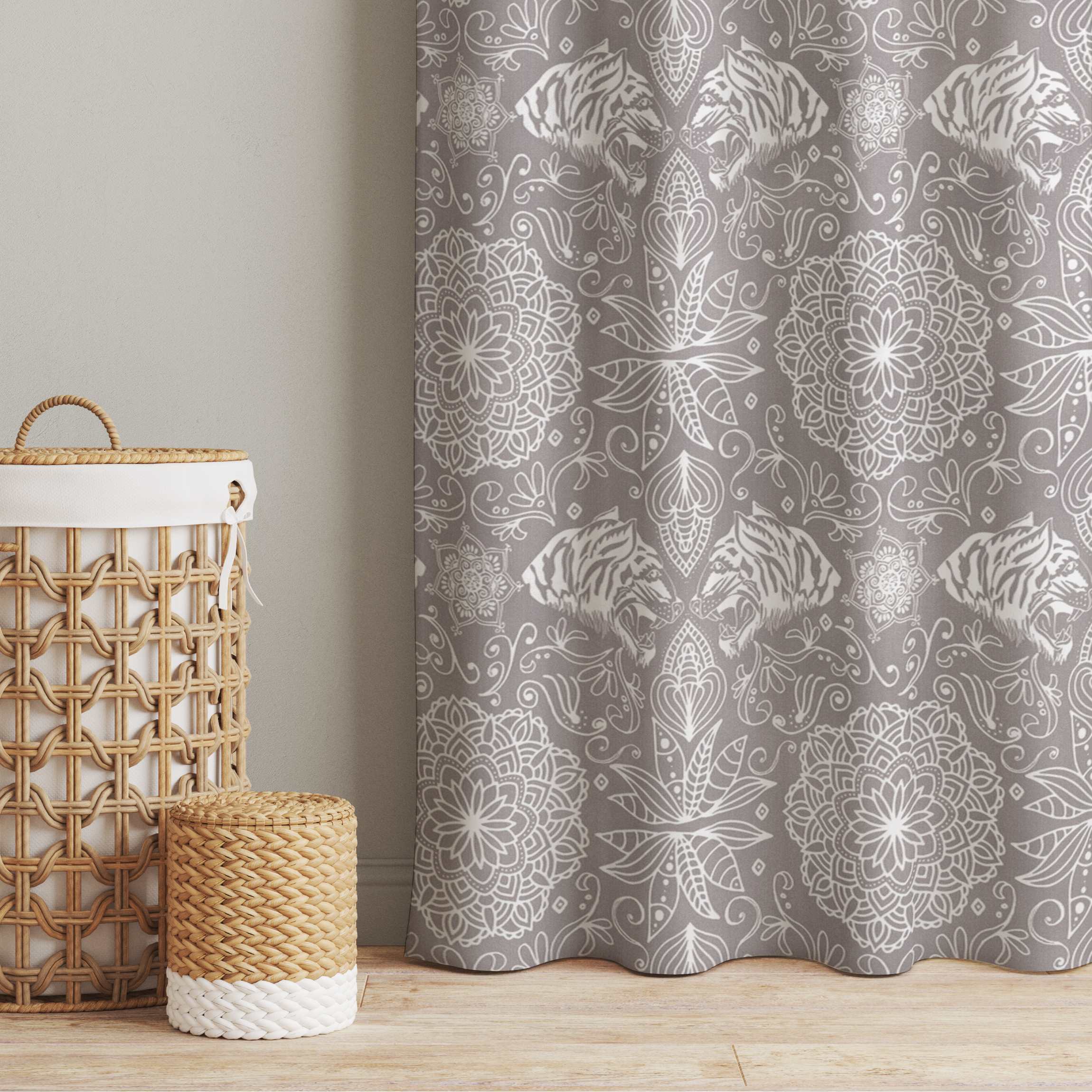 Vorhang Boho Tiger Muster mit Mandala in Warmgrau